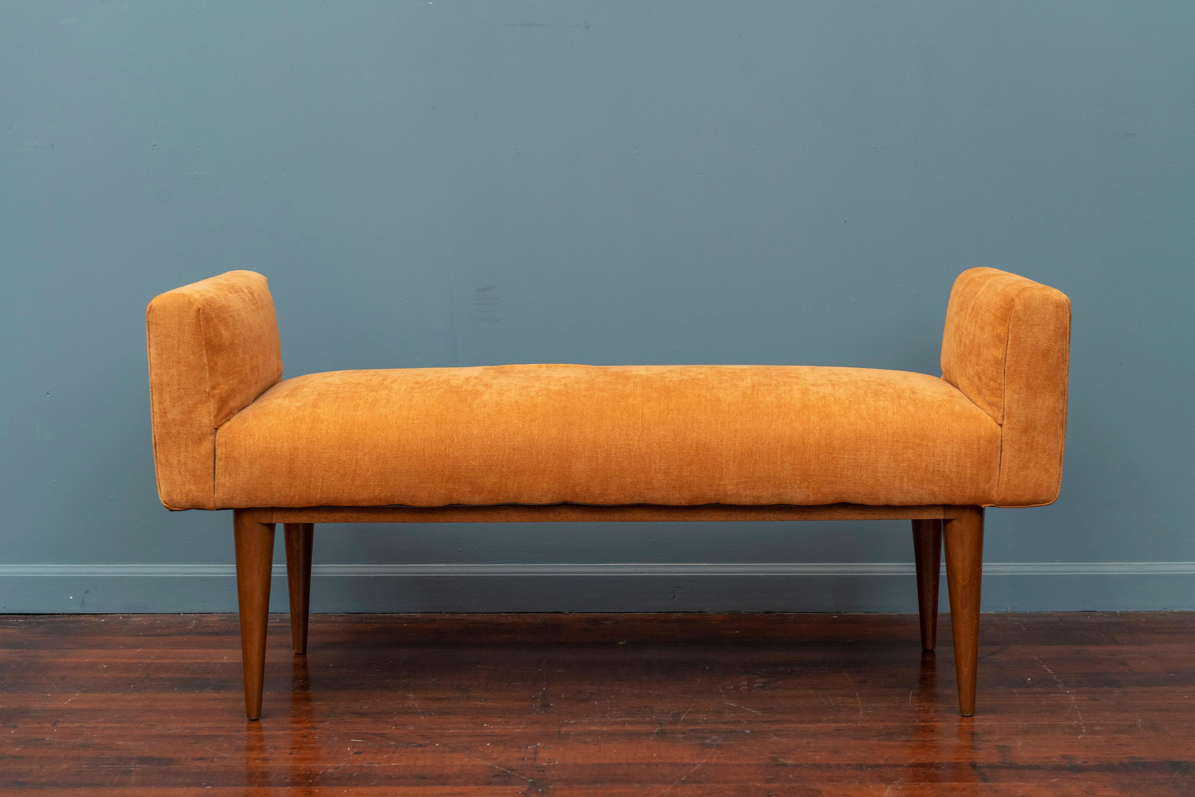 Edward Wormley design upholstered bench for Dunbar Furniture Co. The rounded tapering leg mahogany base has been newly refinished and is ready for your choice of upholstery or usable as-is. This is the perfect foot of the bed or entry way bench to