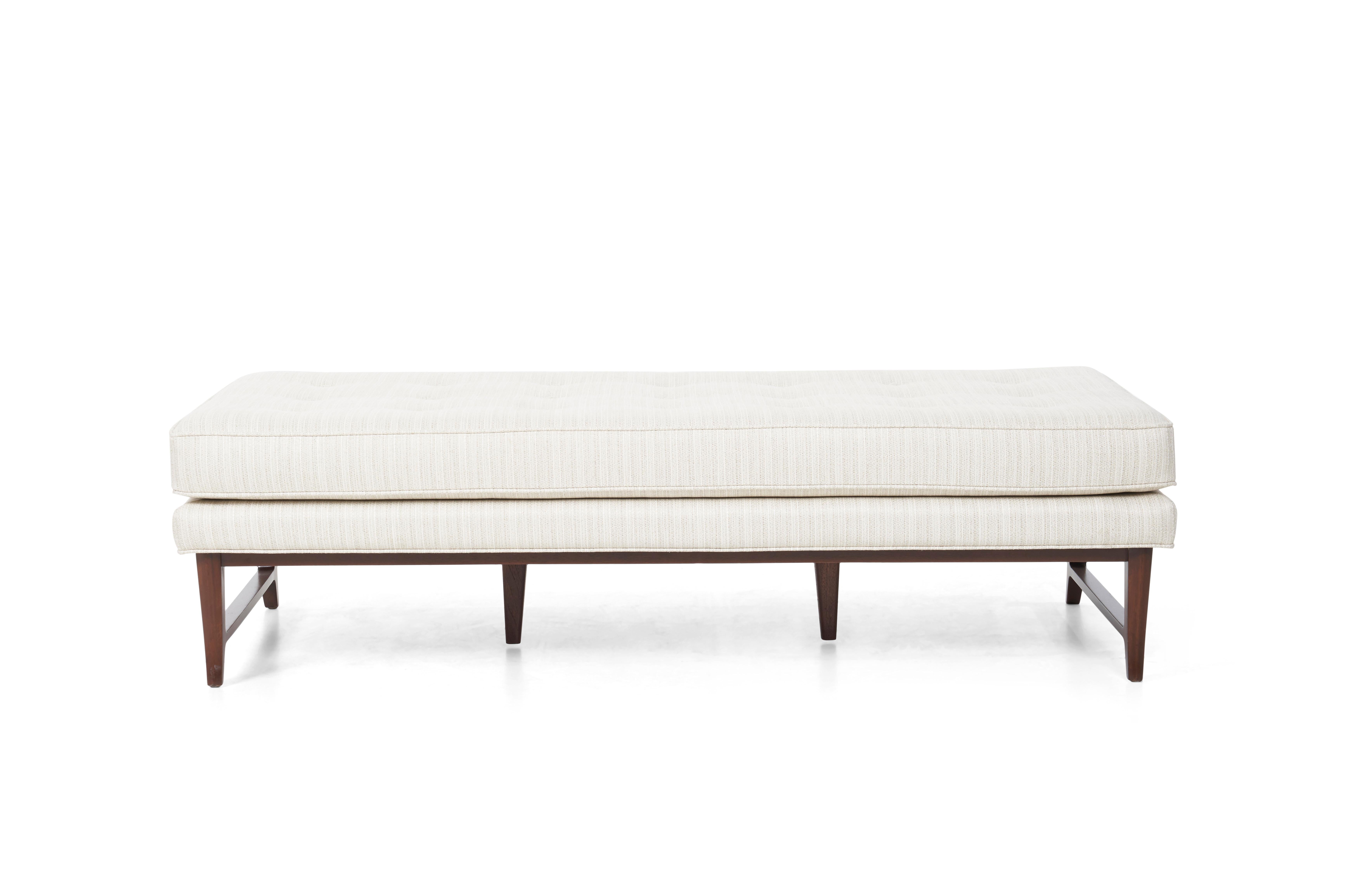 Wormley for Dunbar Janus line custom bench, solid mahogany beveled spay-legs with reupholstered seating deck.