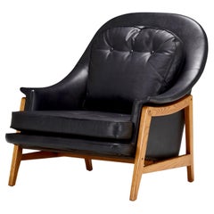 Edward Wormley Black Leather Janus Lounge Chair, Model 5701, Dunbar, 1957