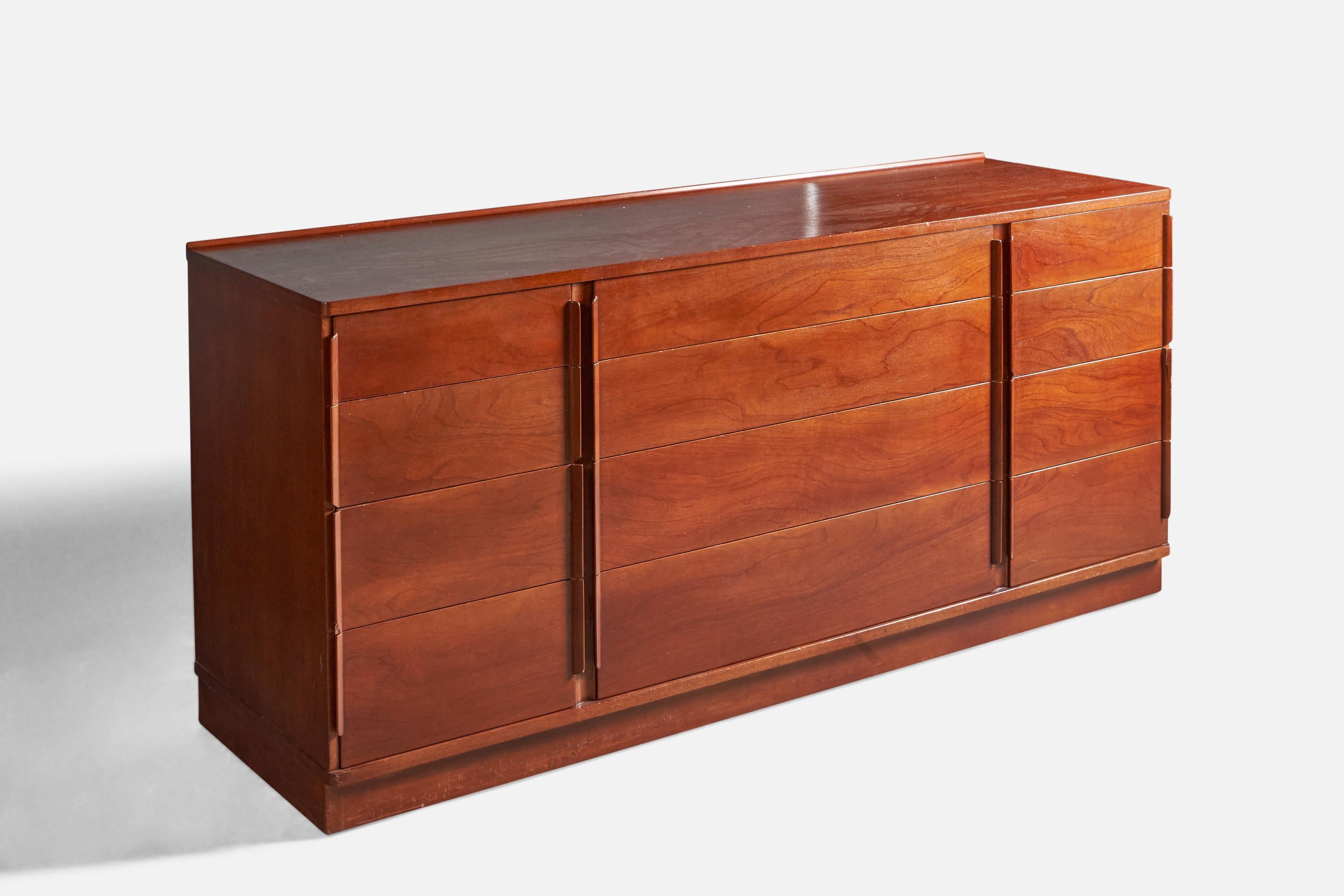 A mahogany chest of drawers or dresser, designed by Edward Wormley and produced by Dunbar, Indiana, USA, c. 1950s.
