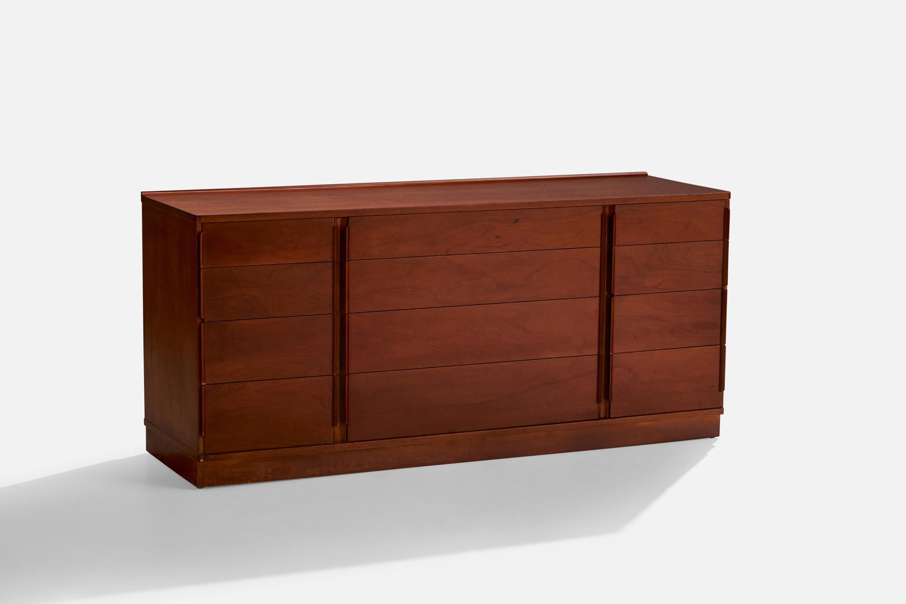 A mahogany chest of drawers or dresser, designed by Edward Wormley and produced by Dunbar, Indiana, USA, c. 1950s.