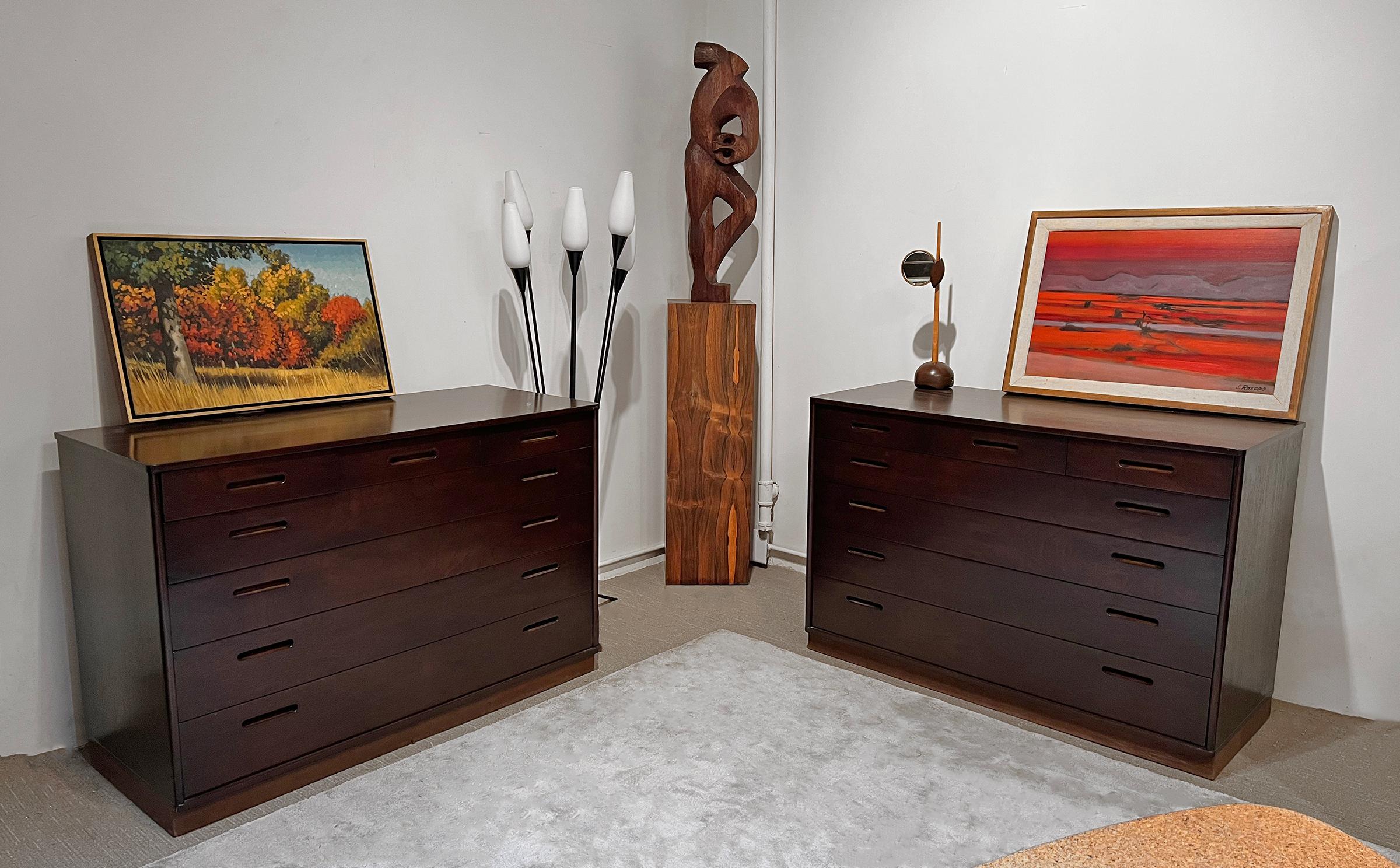 Edward Wormley Chests for Dunbar Espresso Lacquered Mahogany with Leather Bases 4