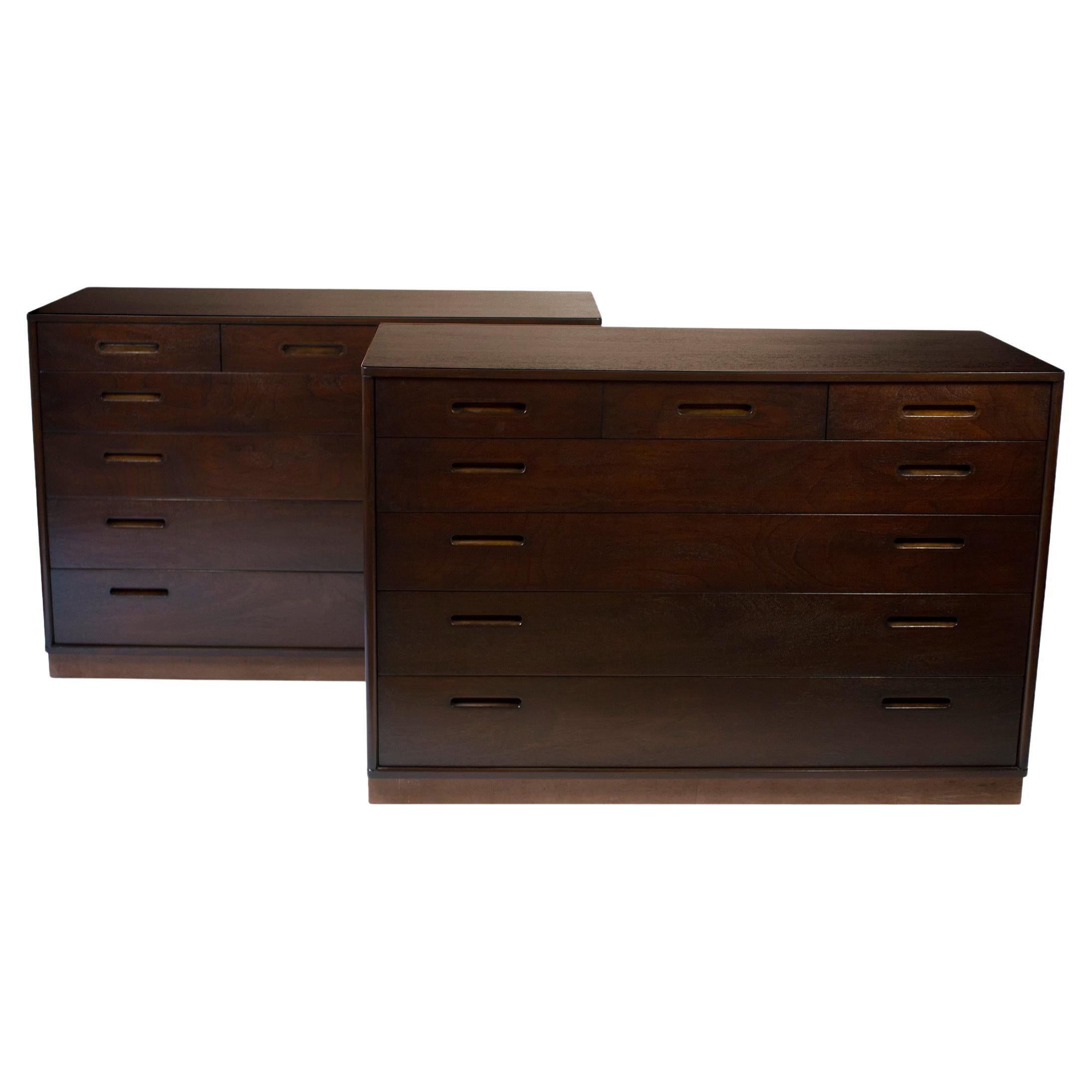 Edward Wormley Chests for Dunbar Espresso Lacquered Mahogany with Leather Bases