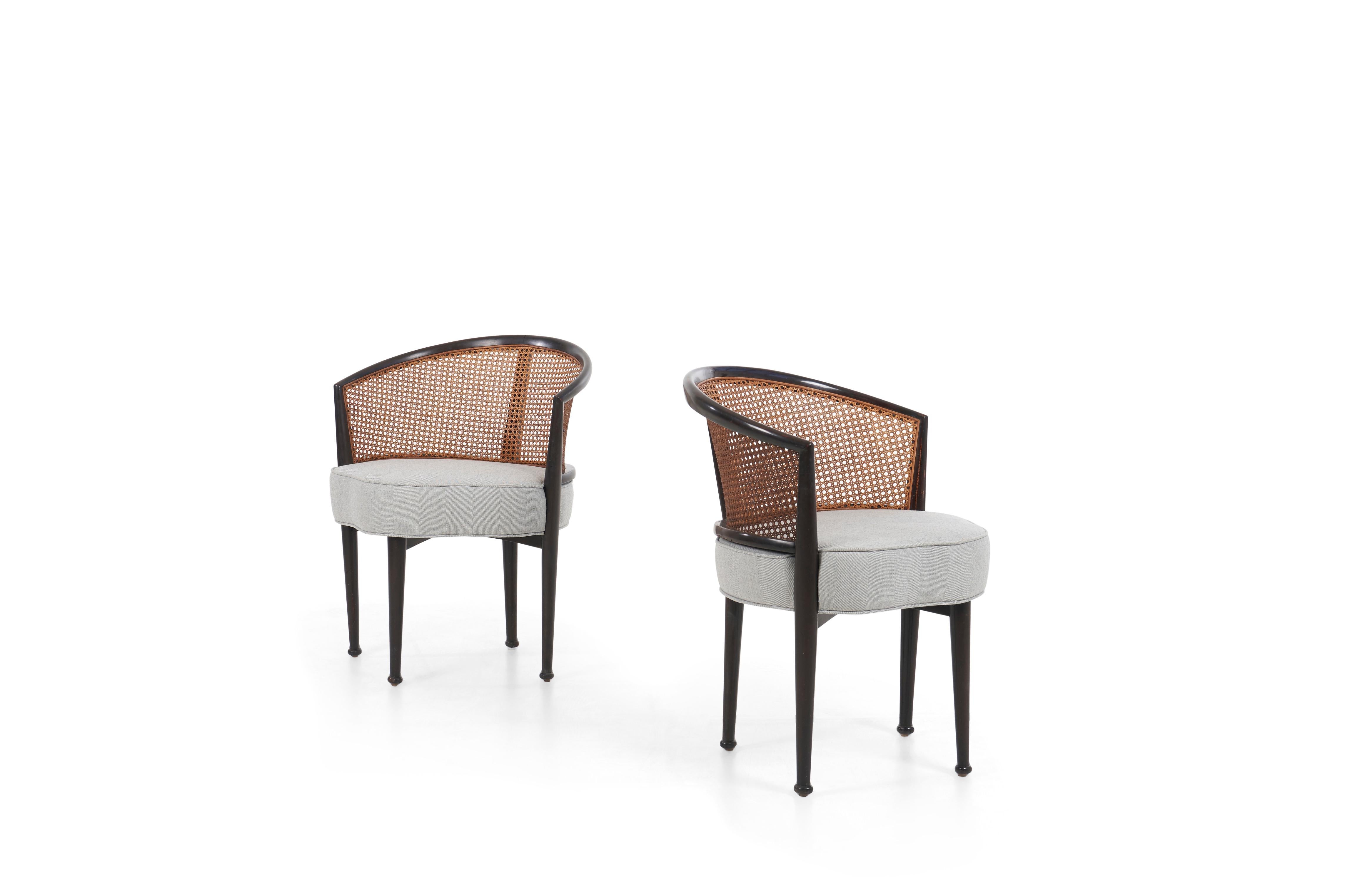 Wormley for Dunbar, Janus Line, curved back pull up chairs.
Espresso colored frames lacquered, solid legs with carved boot feet, canned backs and reupholstered seats with Great Plains herringbone cotton-poly blend, scalloped seat fronts.
[Plate on