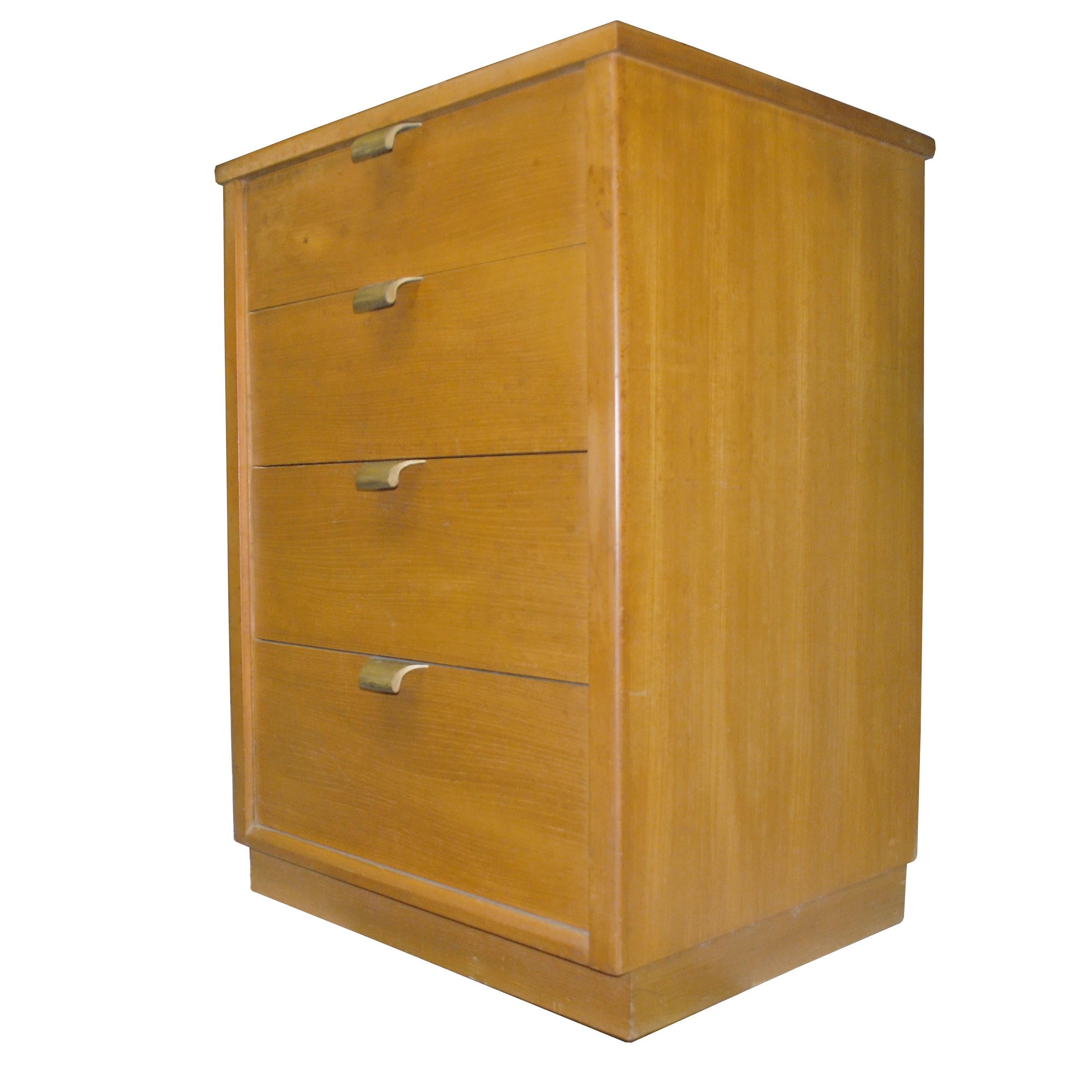 Precedent four drawer nightstand.  Beautiful in design and material, the Precedent series was designed by Edward Wormley in 1947. 

Nightstand features wood construction, four pull-out drawers and bronze drawer pulls.
We have 1 Wormley dresser