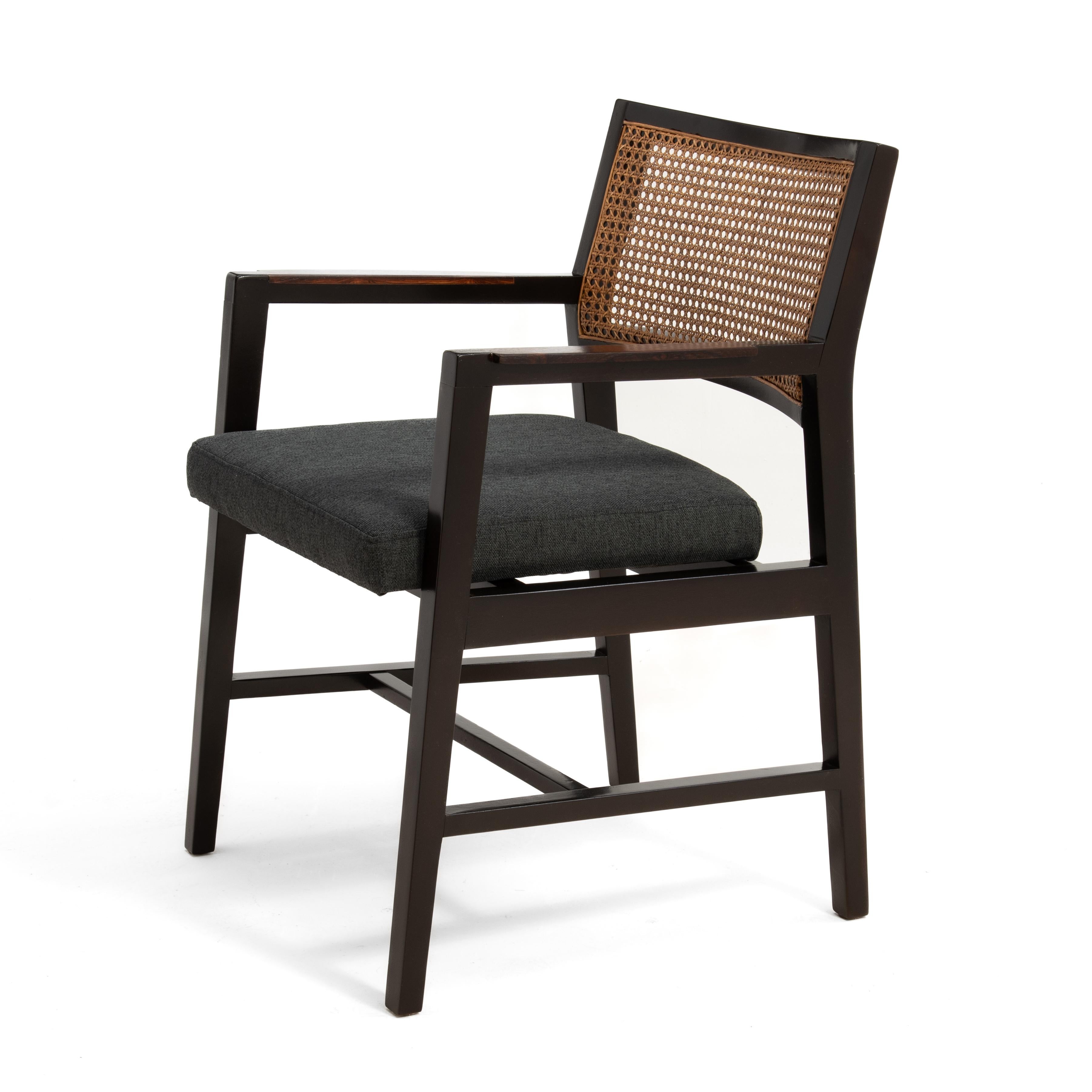 Edward Wormley Dunbar Cane Rosewood Armchair Mid Century Restored Knoll Fabric In Good Condition For Sale In Forest Grove, PA