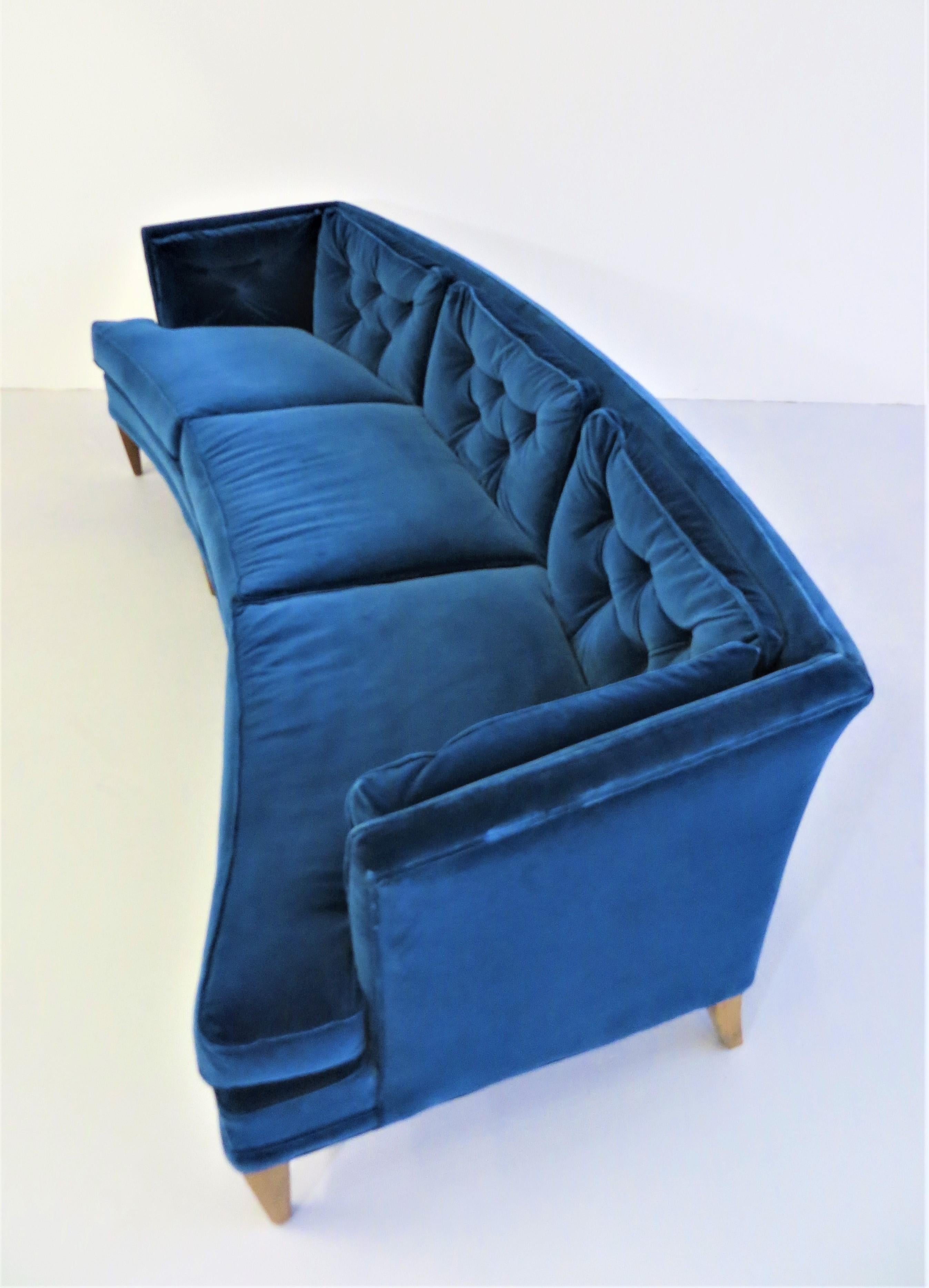Mid-Century Modern Drama 3-seat sofa design-classic with a beautiful banana / bow curved shaped by Edward Wormley from 1950s. 
This Dunbar sofa is very comfortable, from 1st-class and luxury quality in Italian velvet by Dedar Milano ( Adam & Eva