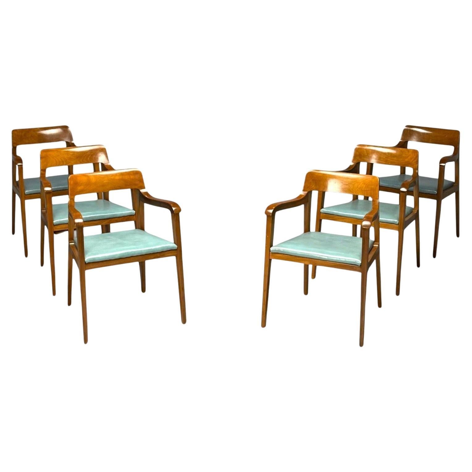 Edward Wormley, Dunbar, Six Riemerschmid Dining Chairs, Walnut, Leather, 1940s