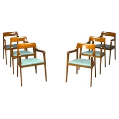 Edward Wormley, Dunbar, Sechs Riemerschmid-Esszimmerstühle, Nussbaum, Leder, 1940er Jahre