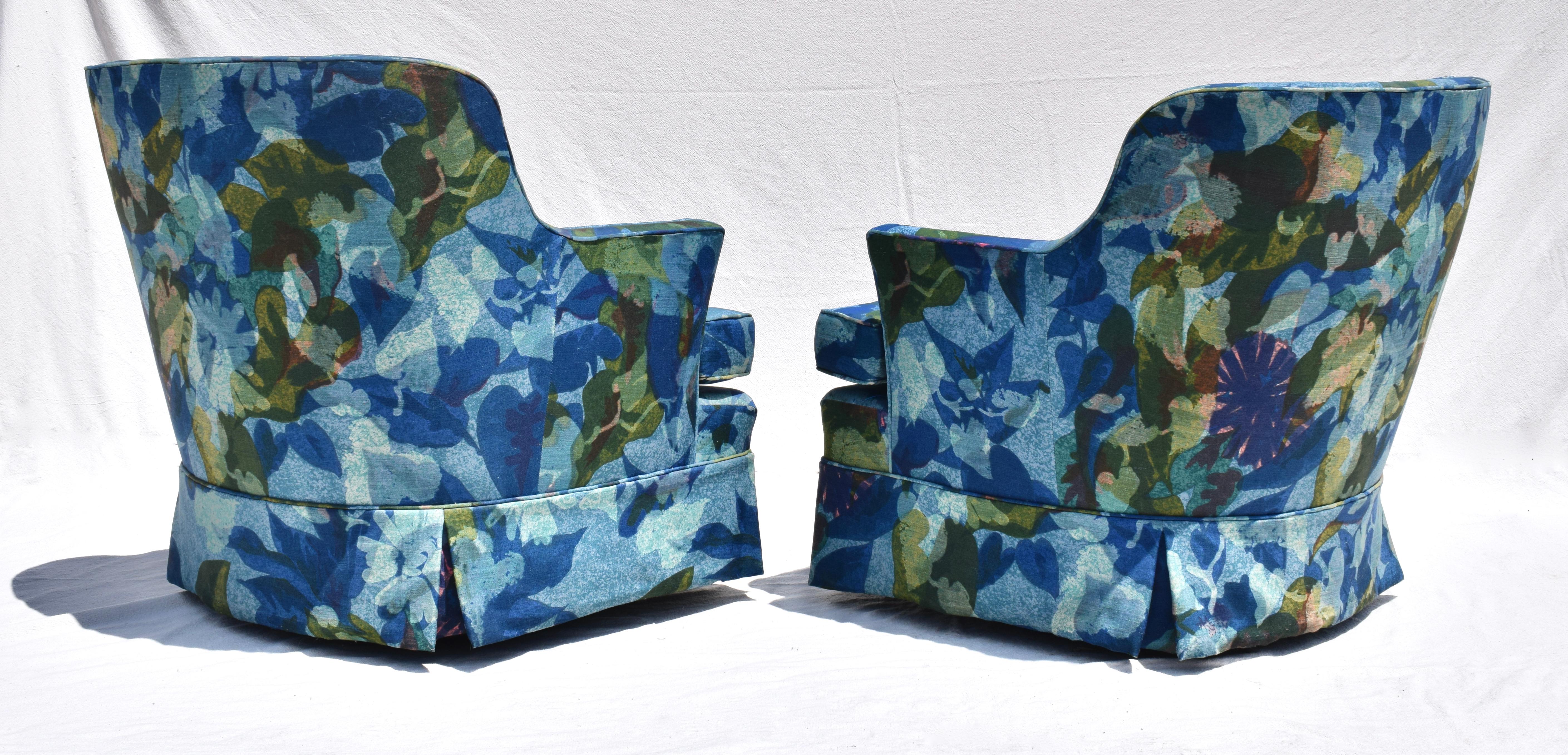 Mid-Century Modern Edward Wormley Dunbar Swivel Chairs in Jack Lenor Larsen Floral Upholstery