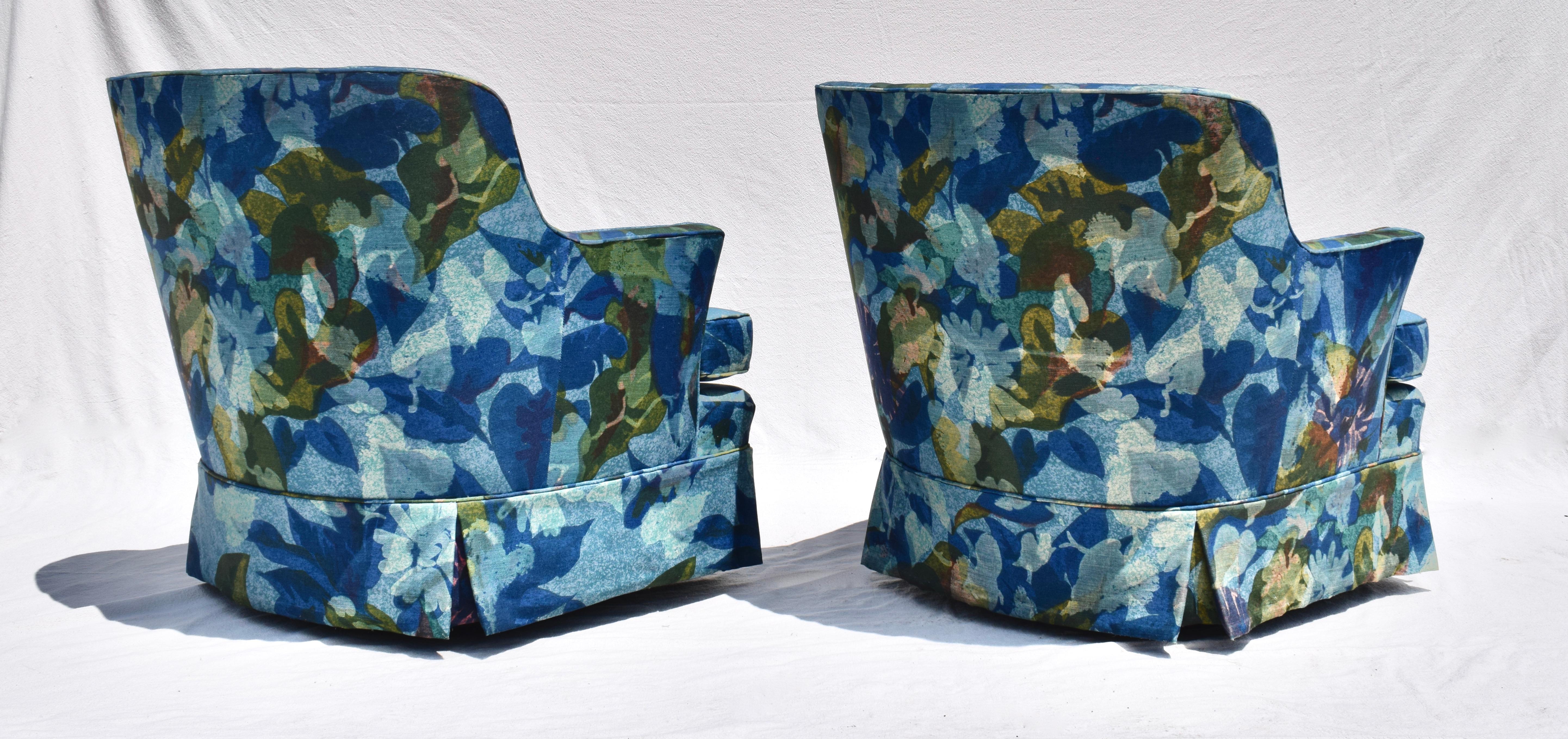 American Edward Wormley Dunbar Swivel Chairs in Jack Lenor Larsen Floral Upholstery