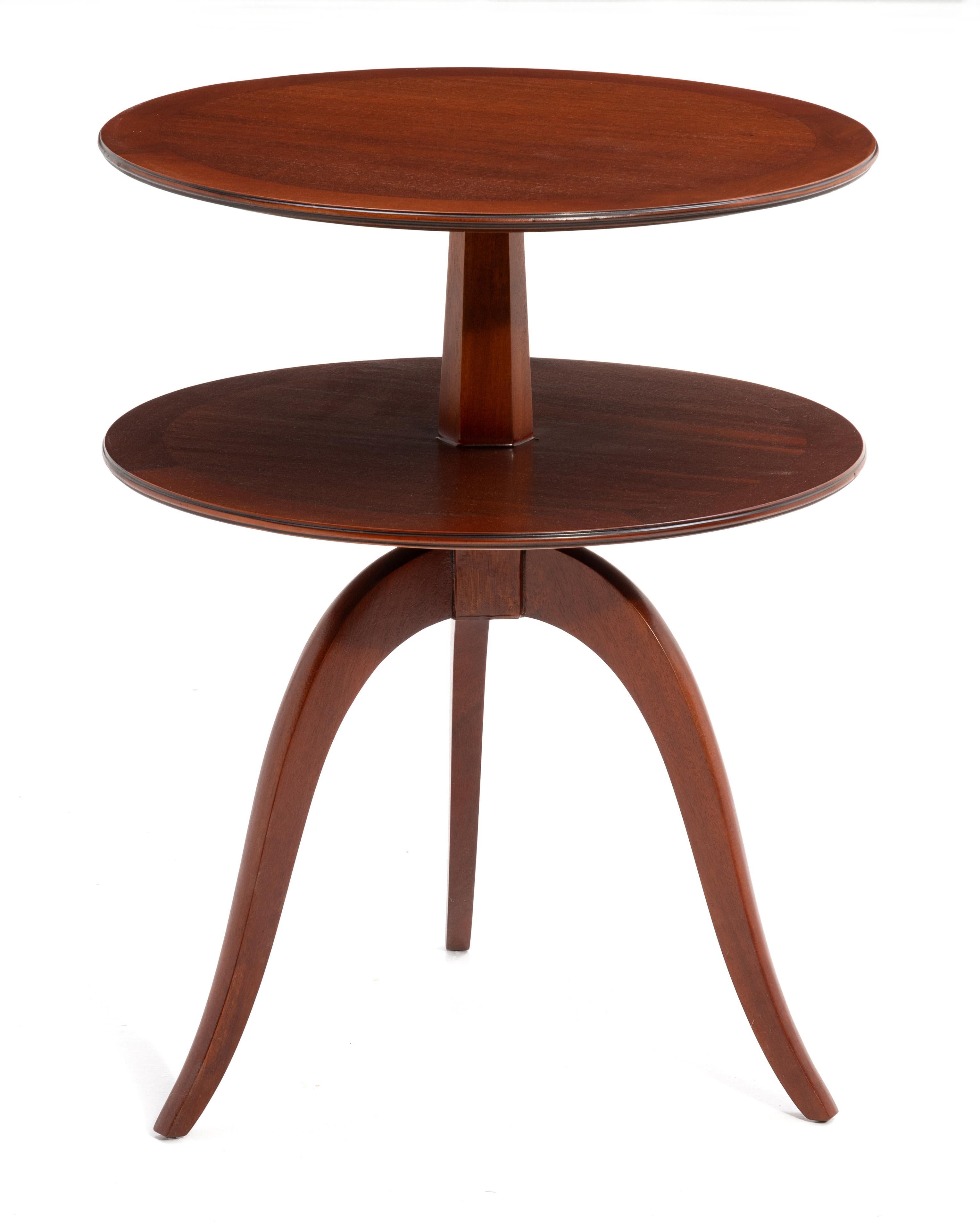 A hard to find and exceptional two-tiered round side table by Edward Wormley for Dunbar Furniture. The table features stunning mahogany wood grain with a round pedestal top and tripod splayed leg base. Unmarked except for faint handwritten numbers