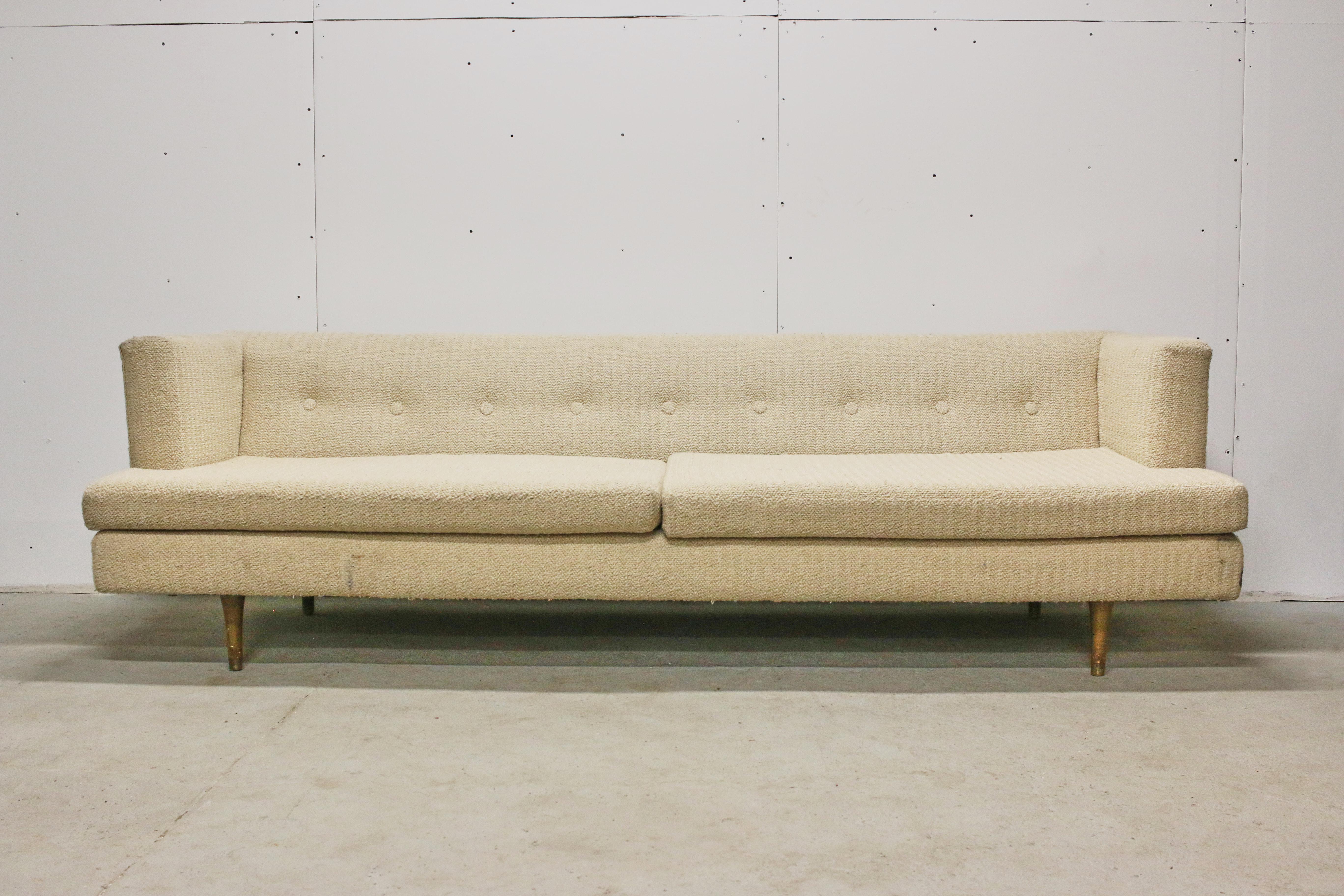 An original Edward Wormley even arm sofa, made by Dunbar, in the USA, 1950s. The fabric is dirty and would benefit from replacing, so this sofa is offered for recovering in the customers own choice of material.
