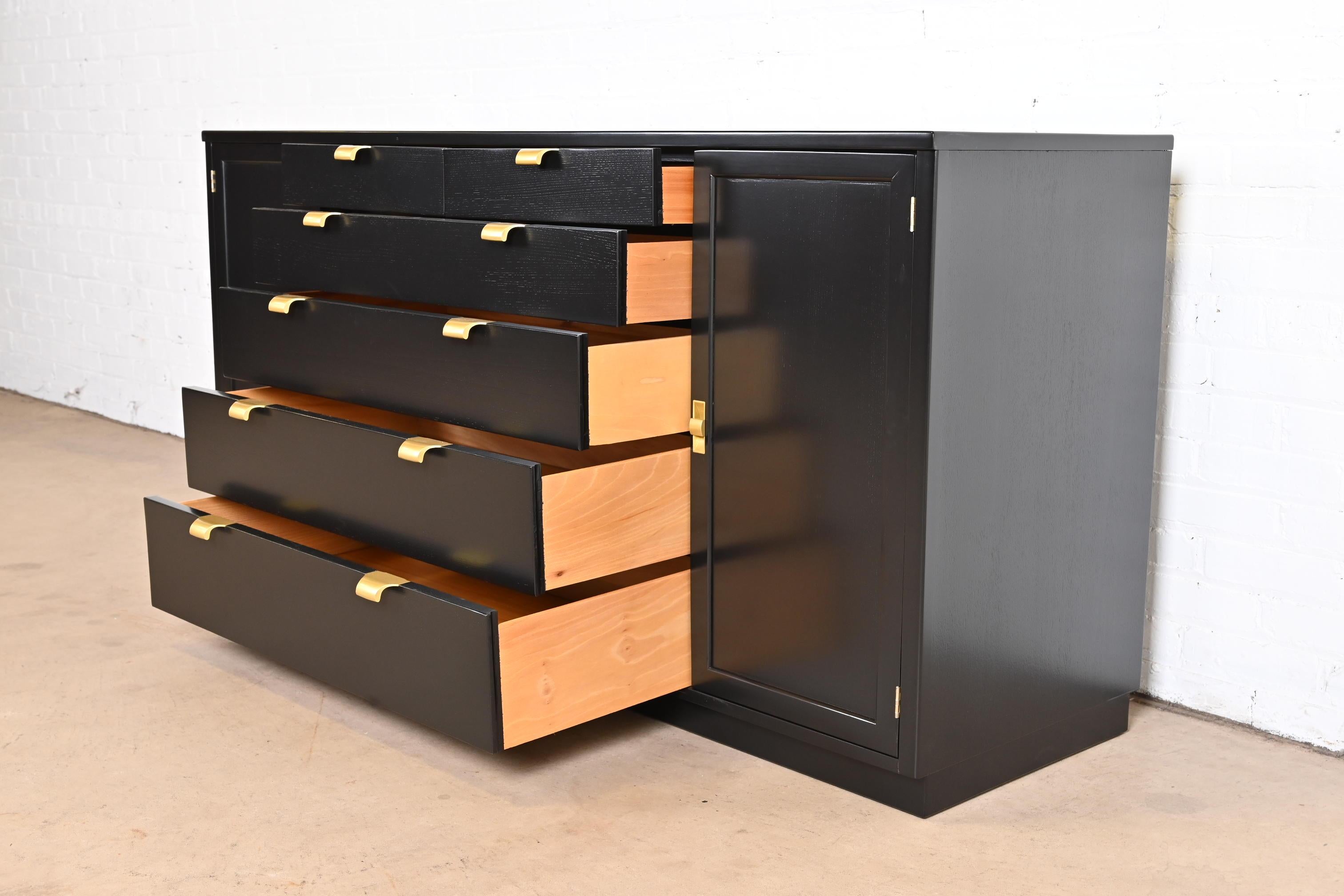 Brass Edward Wormley for Drexel Black Lacquered Sideboard Credenza, Newly Refinished For Sale