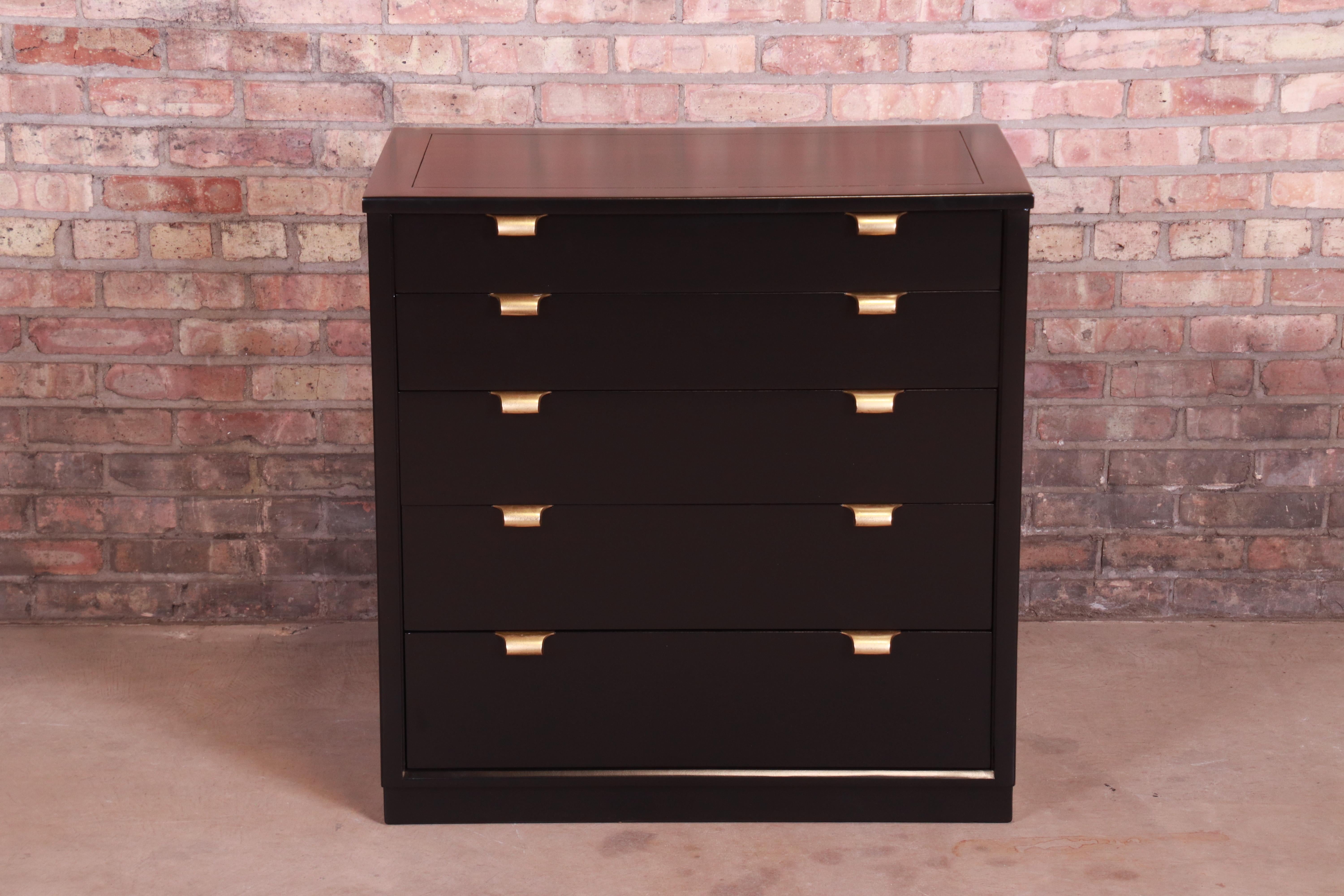 Mid-Century Modern Edward Wormley for Drexel Precedent Black Lacquered Bachelor Chest, Refinished