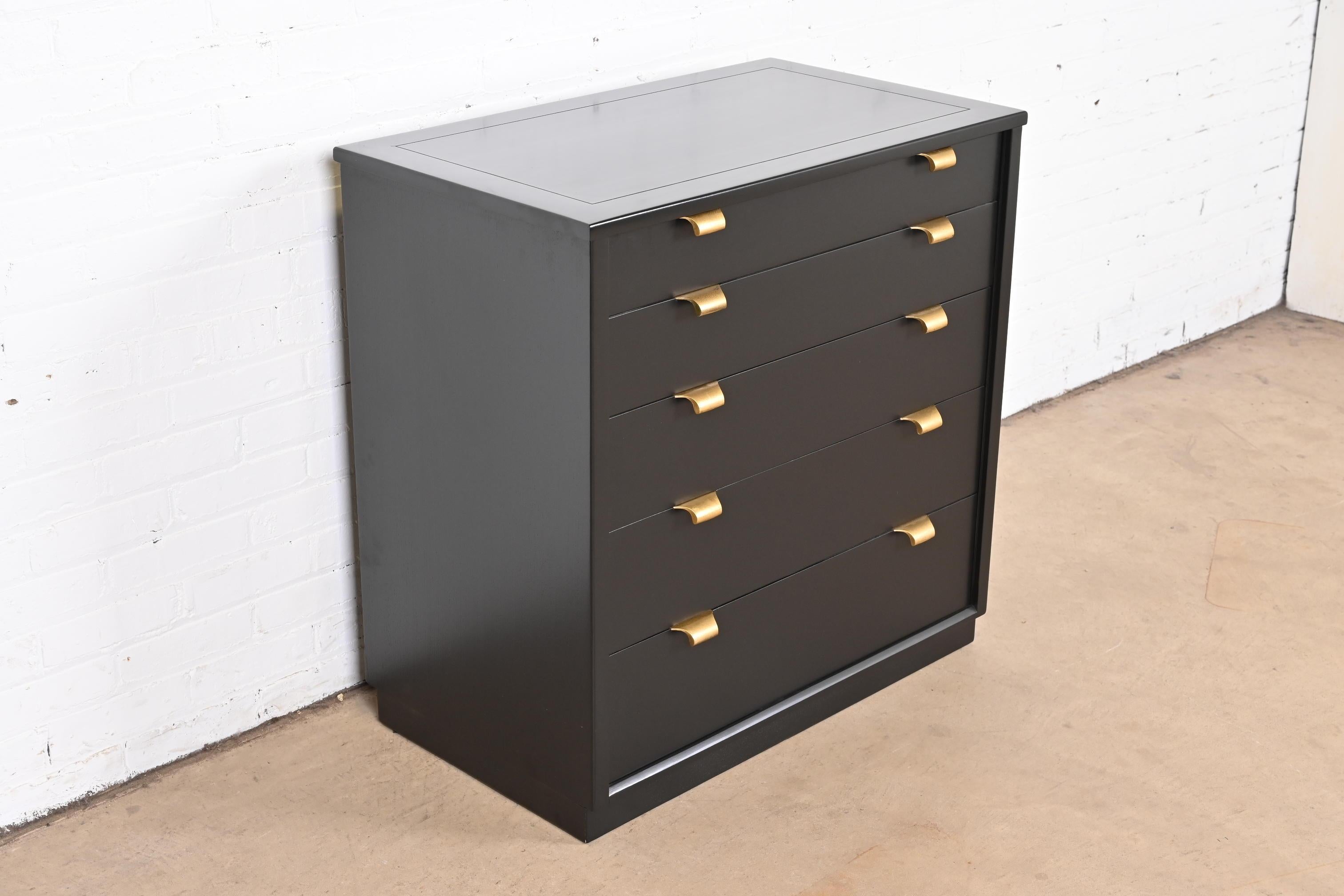 Brass Edward Wormley for Drexel Precedent Black Lacquered Bachelor Chest, Refinished For Sale