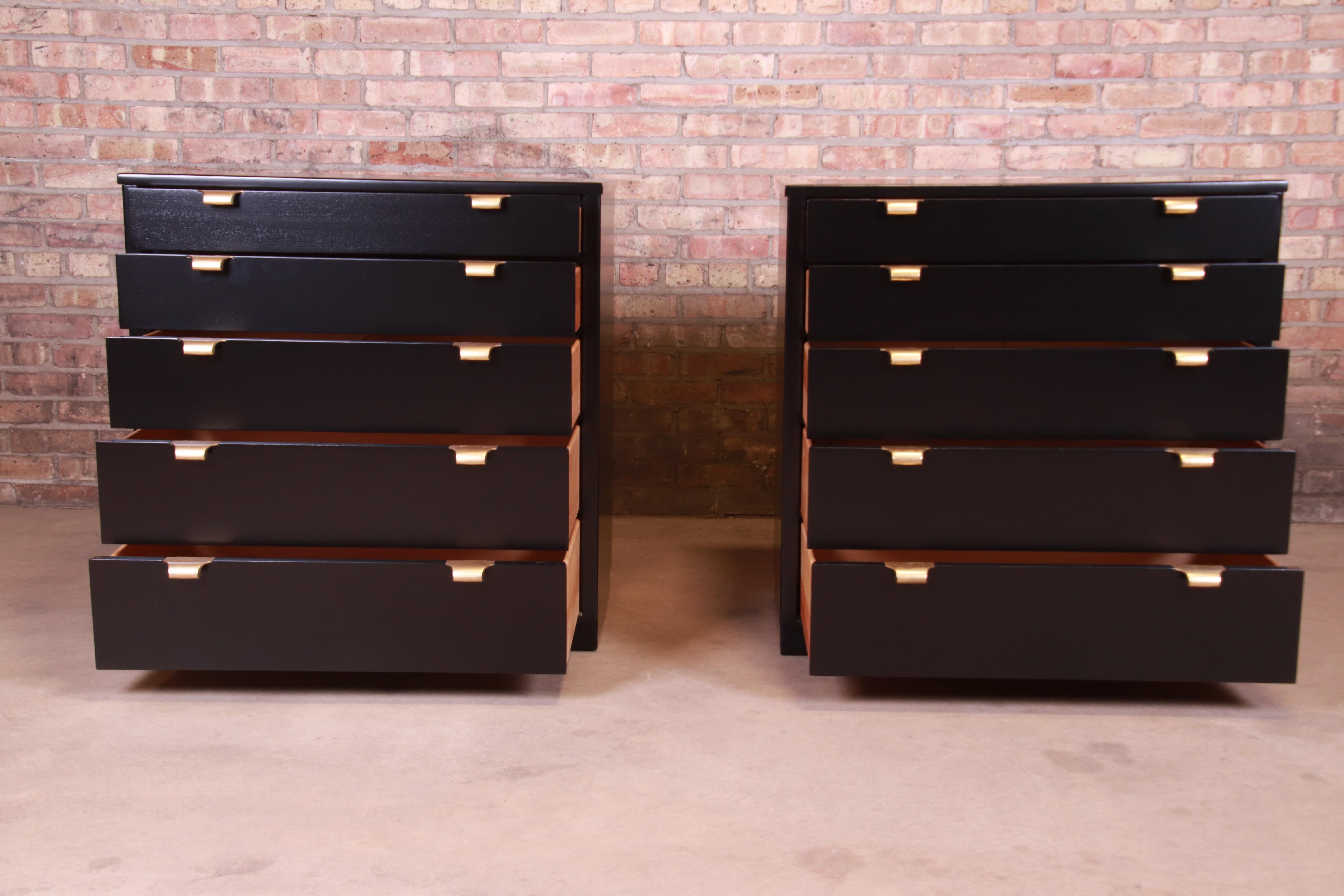 Brass Edward Wormley for Drexel Precedent Black Lacquered Bachelor Chests, Refinished