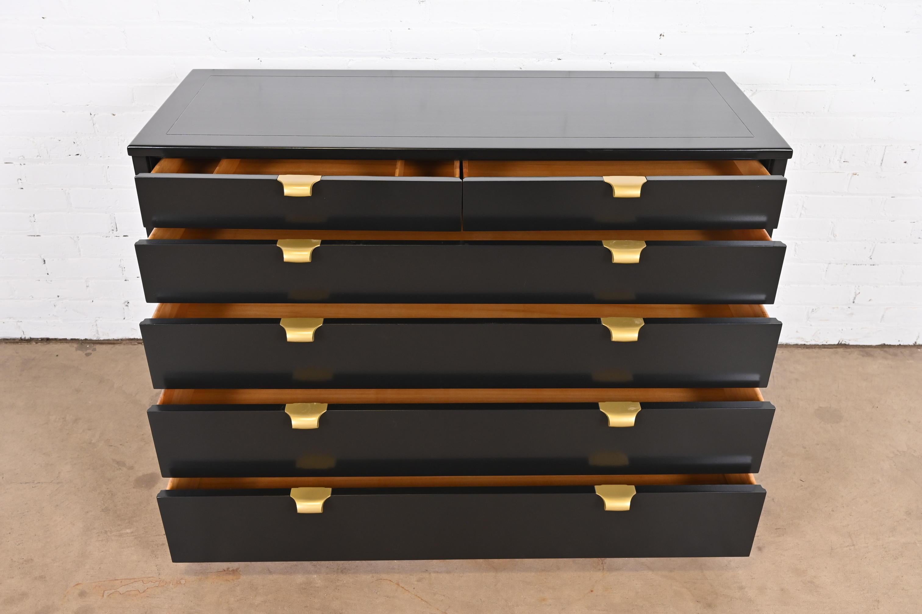Brass Edward Wormley for Drexel Precedent Black Lacquered Chest of Drawers, Refinished