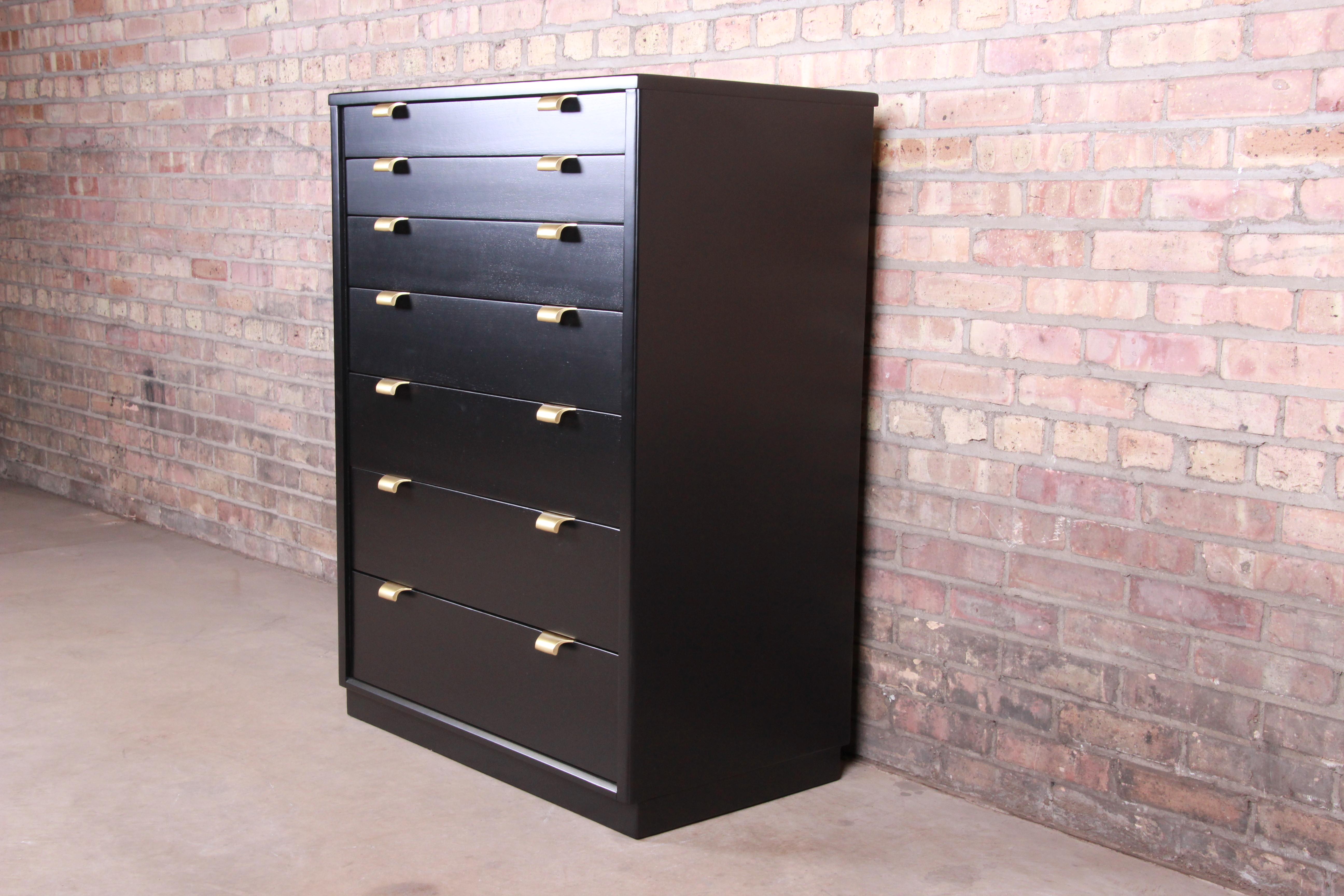 An exceptional Mid-Century Modern seven-drawer black lacquered highboy dresser

By Edward Wormley for Drexel 