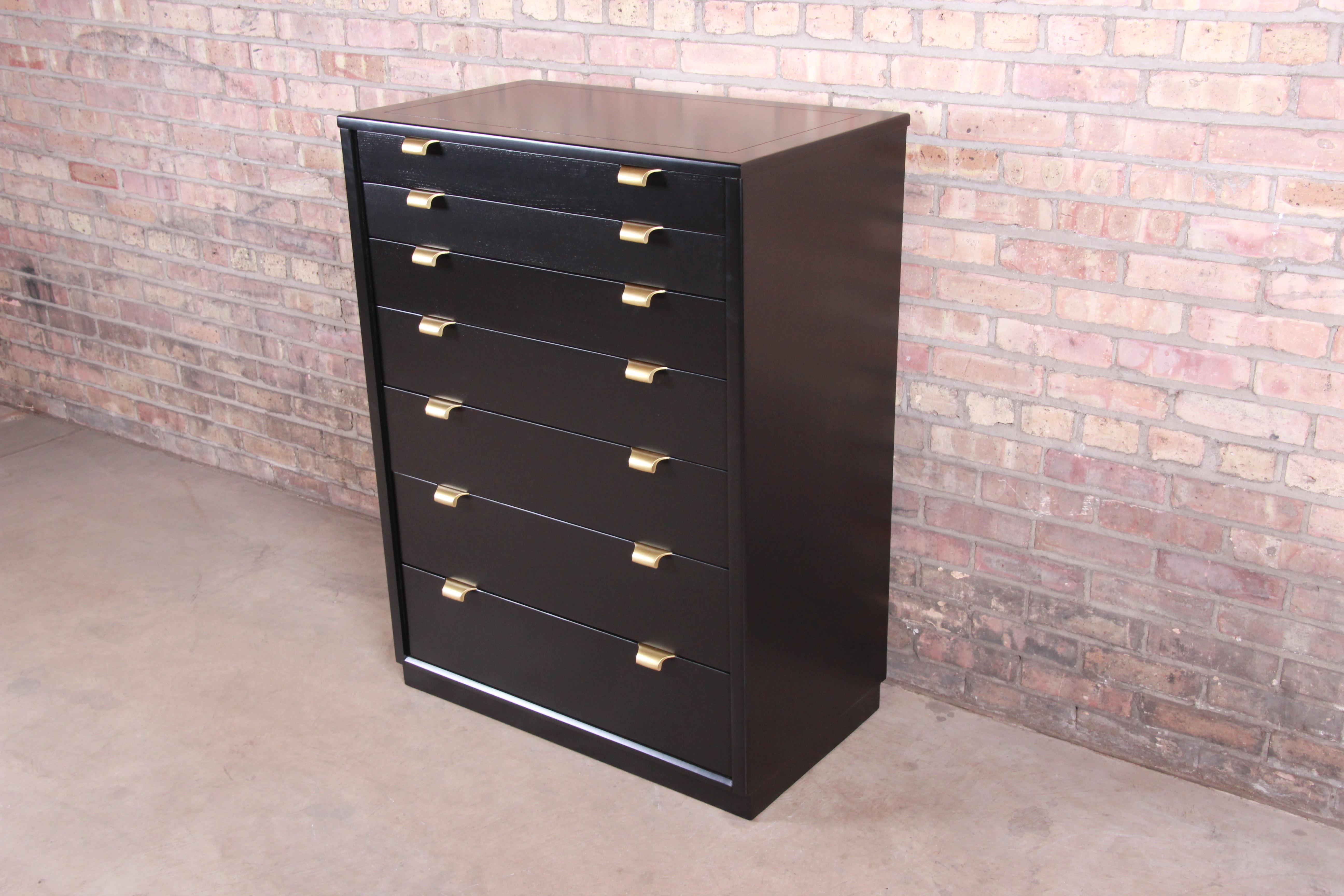 American Edward Wormley for Drexel Precedent Black Lacquered Highboy Dresser, Refinished