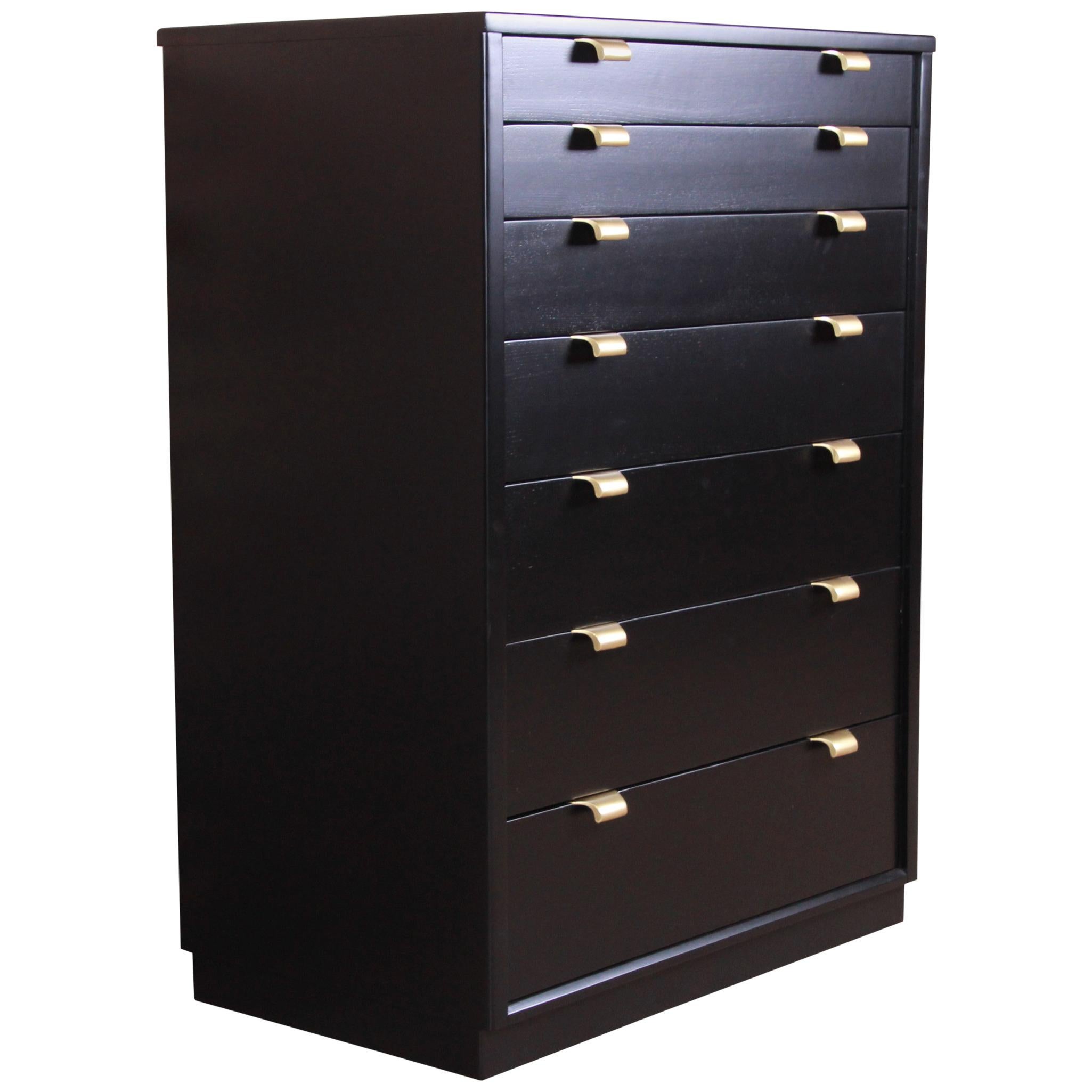 Edward Wormley for Drexel Precedent Black Lacquered Highboy Dresser, Refinished