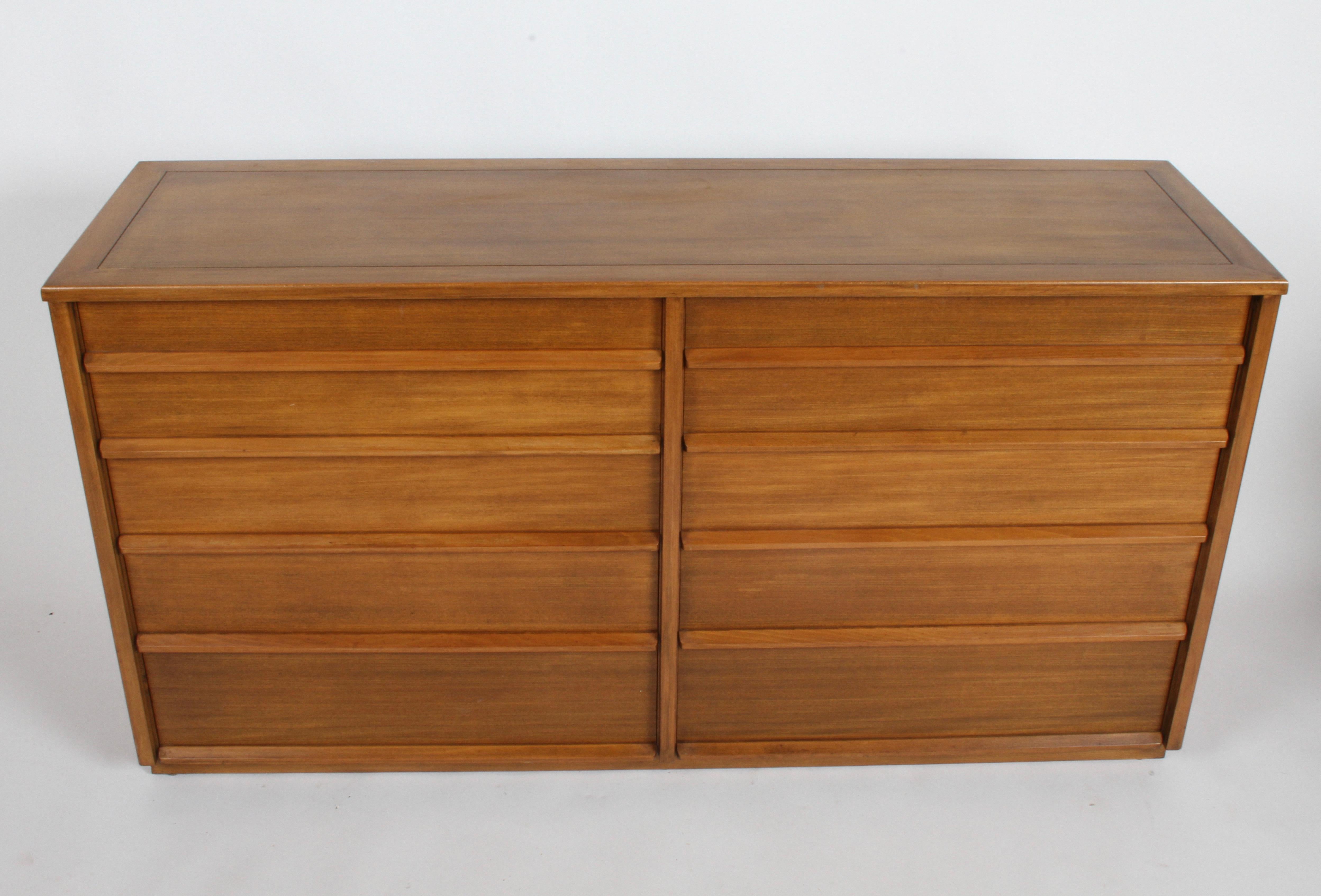 Mid-Century Modern dresser designed by Edward Wormley for his Drexel Precedent collection. Ten drawer dresser in original finish, beautiful Silver Elm veneer, dresser will be touched up prior to shipping. Drexel branded stamp inside drawer and