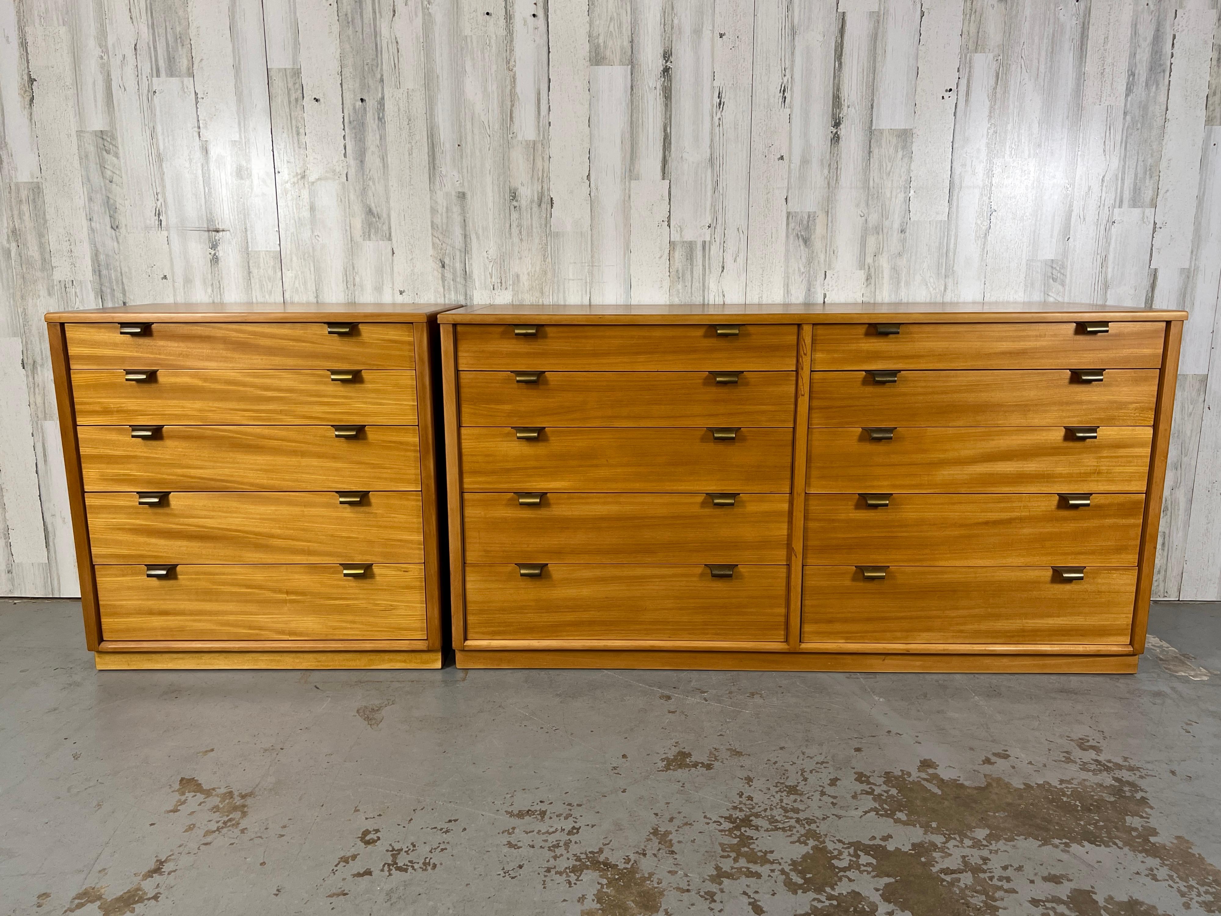 Edward Wormley for Drexel Precedent 10 and 5 Drawer Dresser Set. These dressers are made of stained elm with original solid brass hardware. 
Longer dresser measures: 62 W X 19 D X 31.5 H
Smaller dresser 32 W X 19 D X 31.5 H