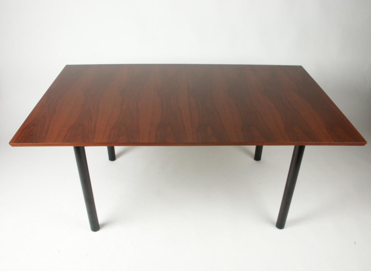 Classic Edward Wormley for Dunbar 1950s Mid-Century Modern with Asian influence walnut top with beveled edge extension dining table with two 15