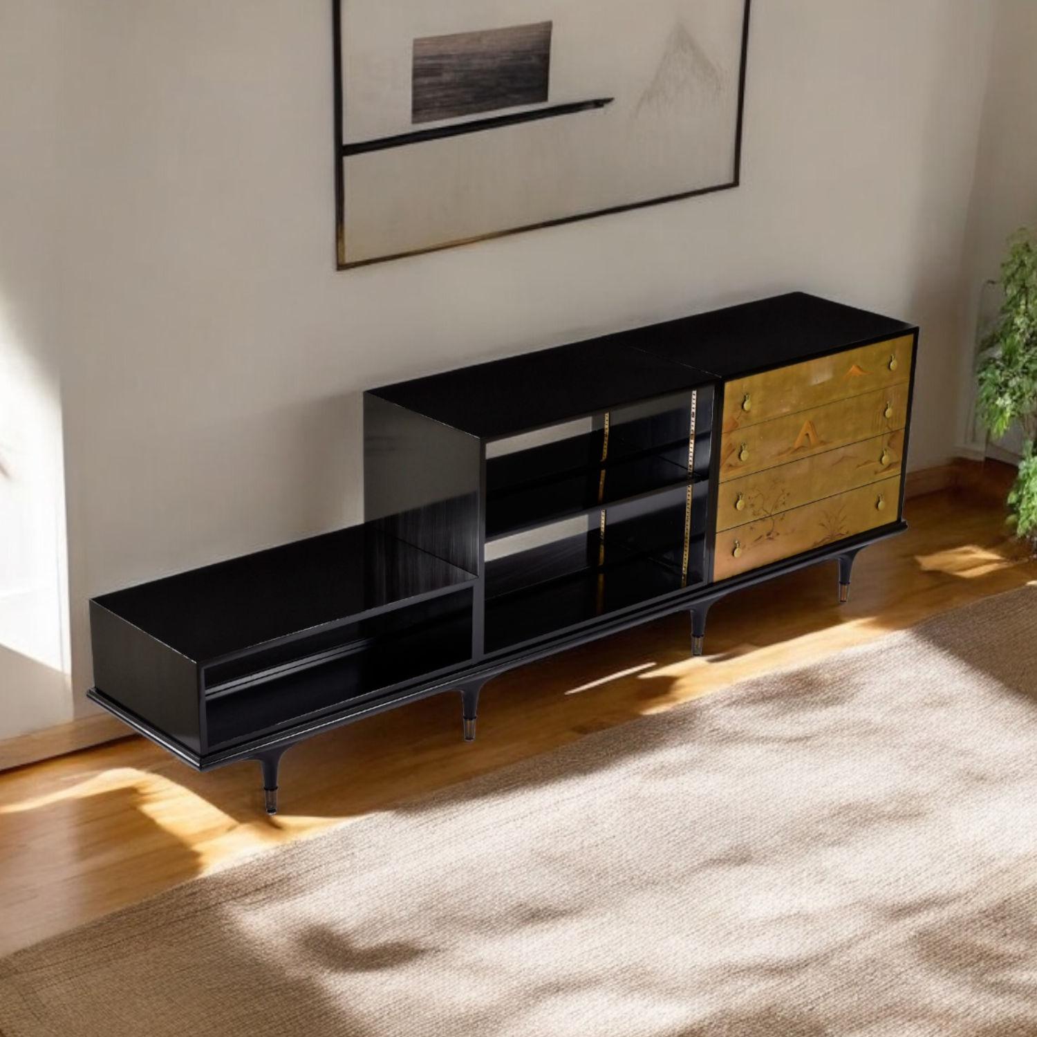 Americano Edward Wormley per Dunbar Credenza modulare asiatica moderna a 4 pezzi in lacca nera in vendita