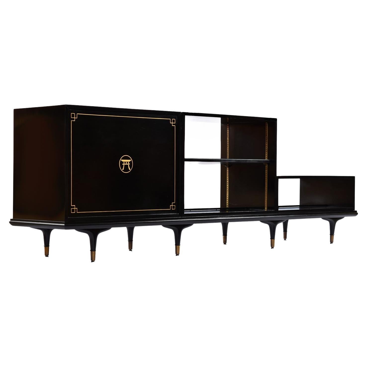 American Edward Wormley for Dunbar 4-Piece Black Lacquer Asian Modern Modular Credenza For Sale