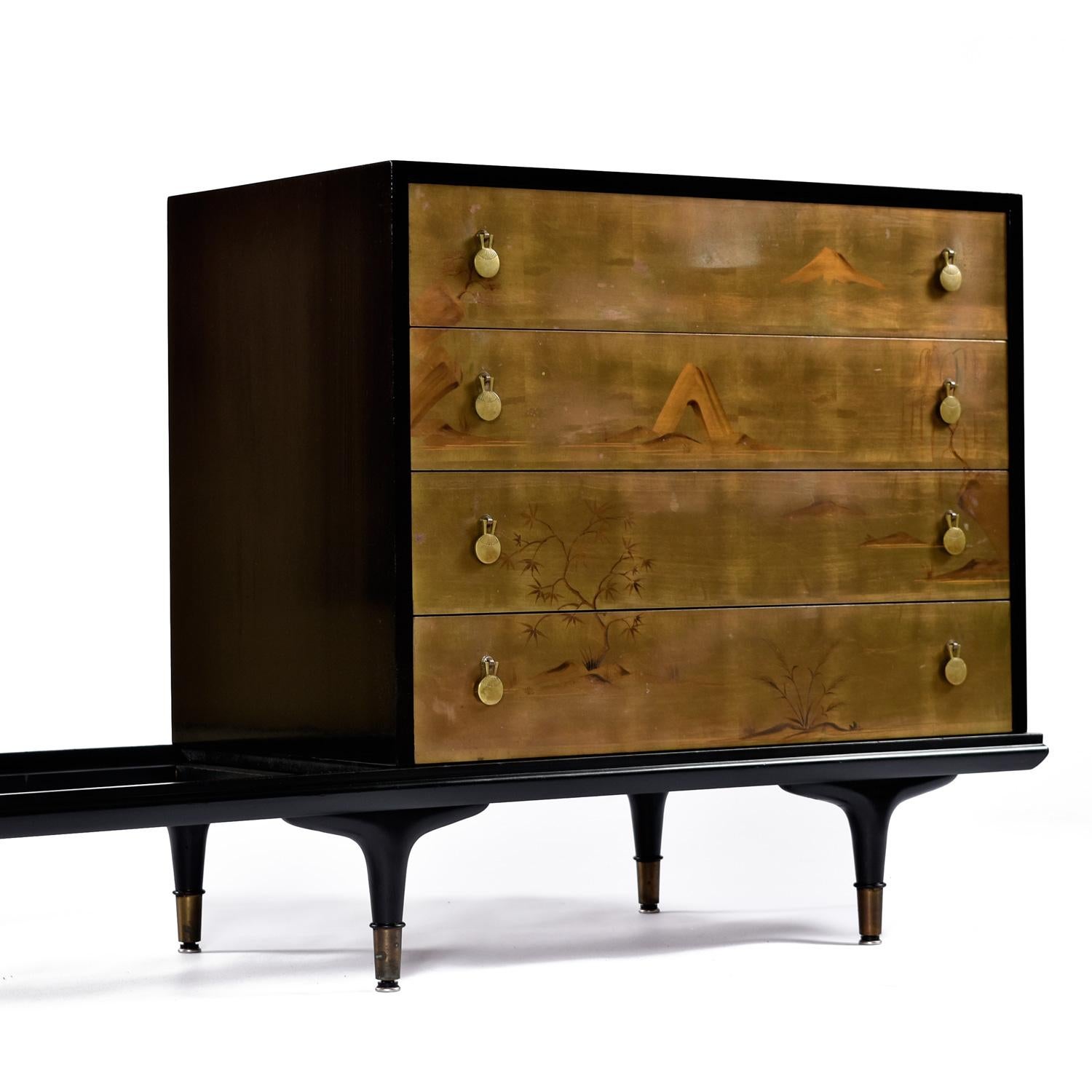 Brass Edward Wormley for Dunbar 4-Piece Black Lacquer Asian Modern Modular Credenza For Sale