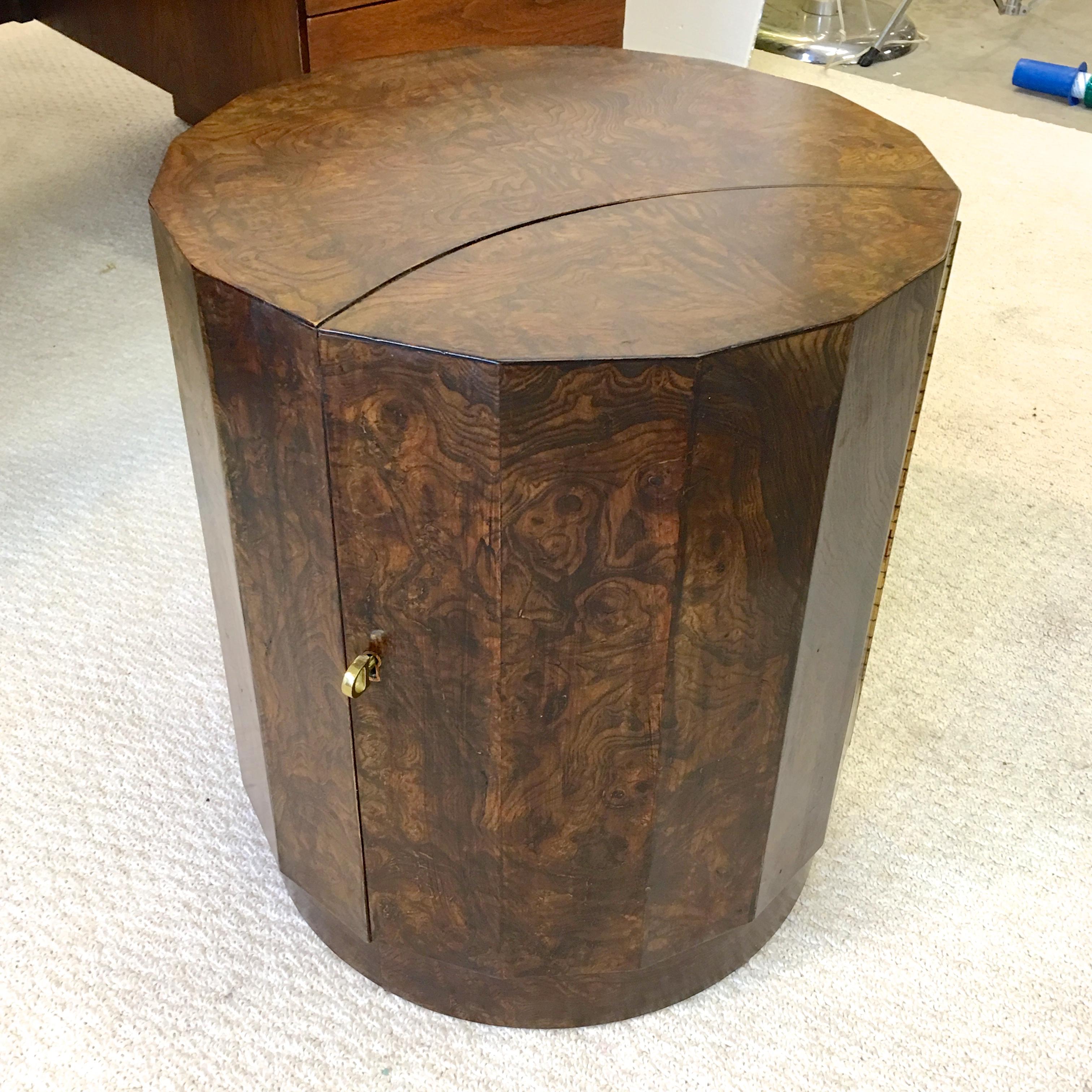 Olive burl sixteen sided columnar pedestal drum cabinet with secret door that opens with original brass 