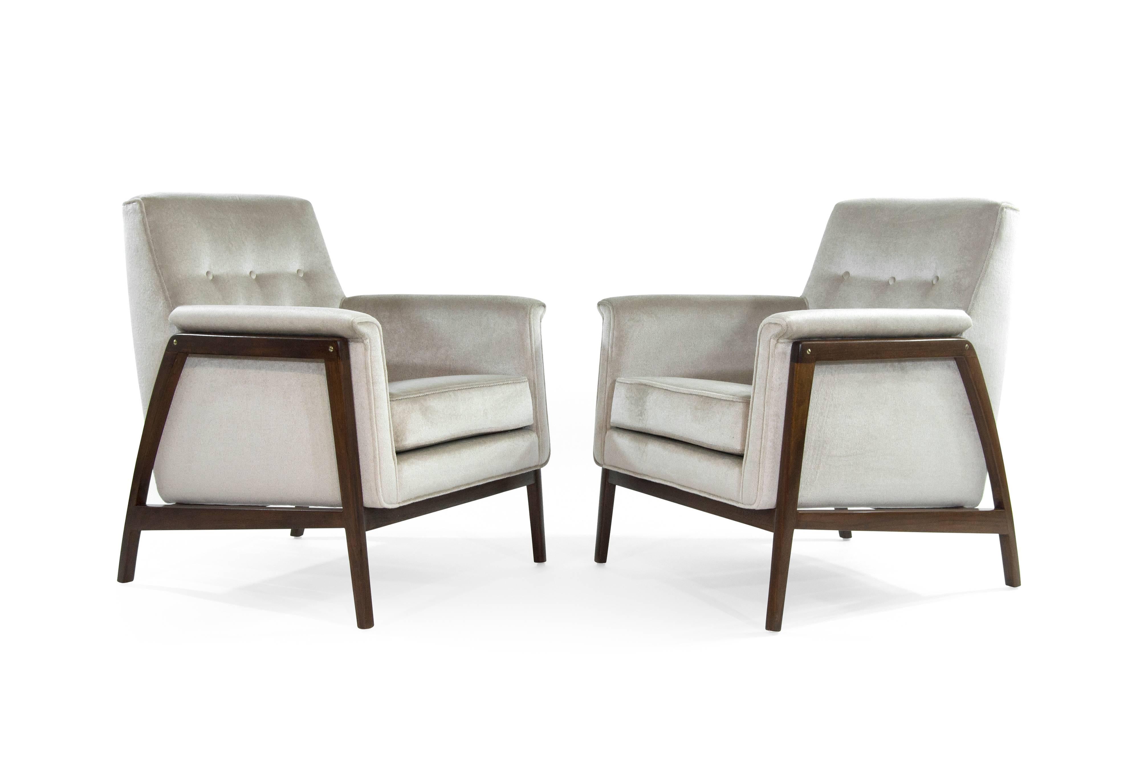 Set of rare armchairs designed by Edward Wormley for Dunbar, circa 1950s. Newly upholstered in grey plush velvet. Walnut frames fully restored.