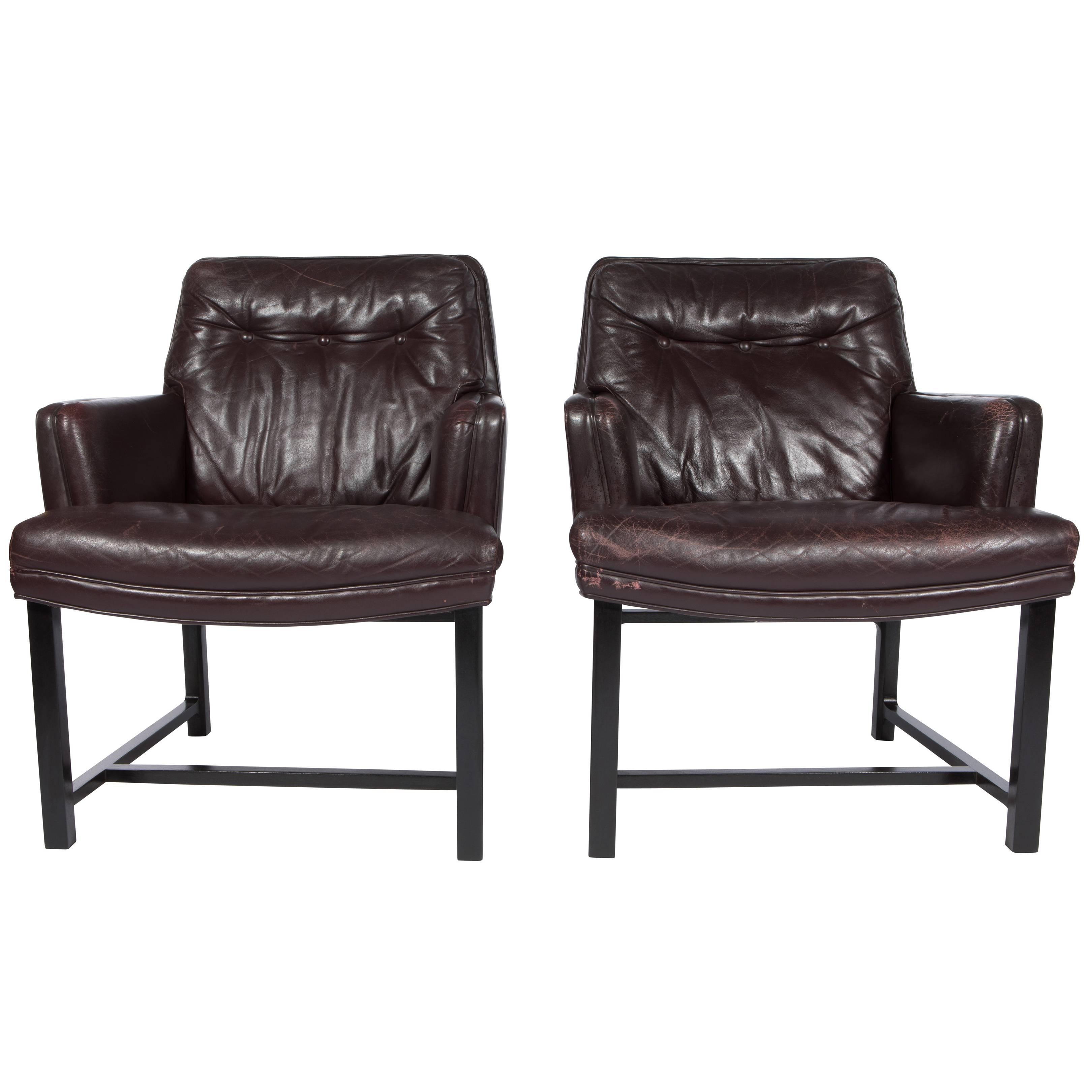 Edward Wormley for Dunbar Armchairs with Original Leather, circa 1960s For Sale
