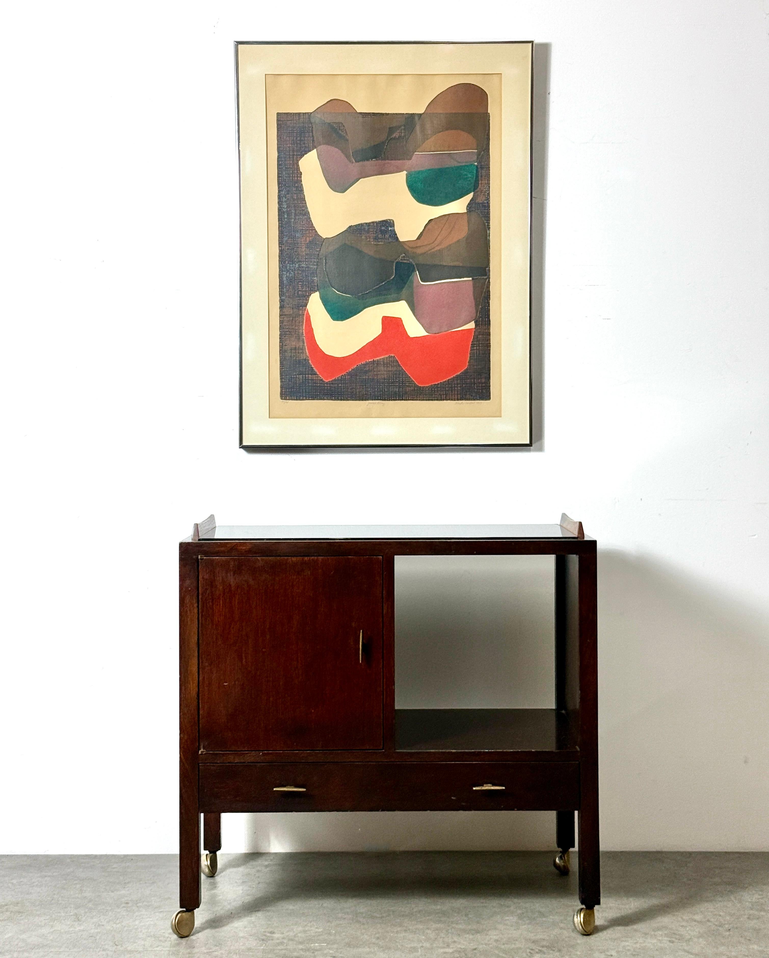 Mid-Century Modern Edward Wormley for Dunbar Bar Cart Server Cabinet, noyer, palissandre et laiton années 1950 en vente