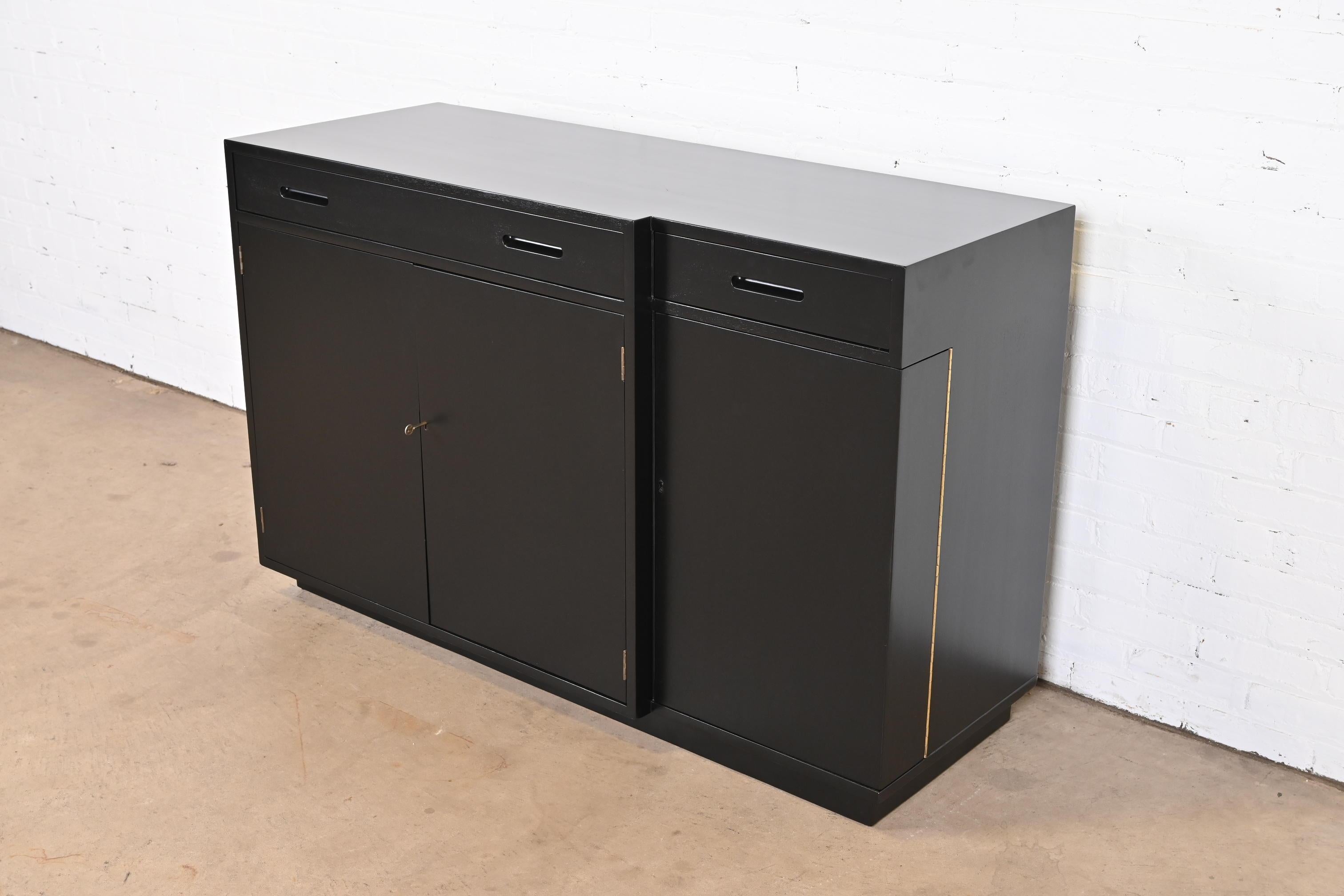 American Edward Wormley for Dunbar Black Lacquered Sideboard or Bar Cabinet, Refinished For Sale