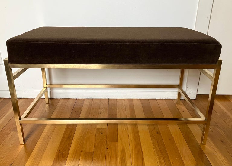 Architectural rectangular bench in brass square tube with upholstered seat, designed by Edward Wormley for Dunbar. Hand-polished brass, upholstered in a Bergamo brown wool mohair.