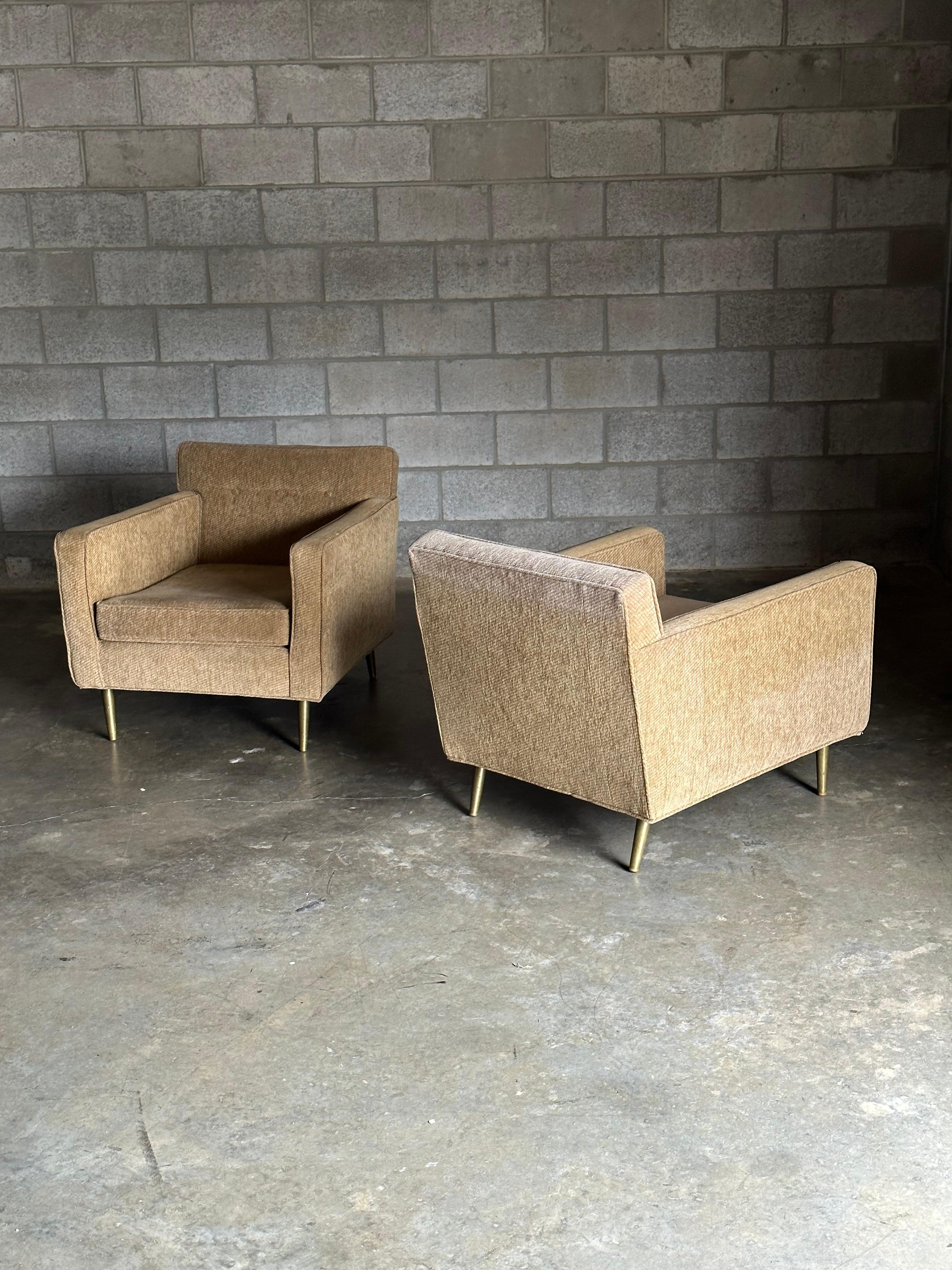 Mid-Century Modern Edward Wormley for Dunbar Brass Leg Lounge Chairs and Ottoman For Sale