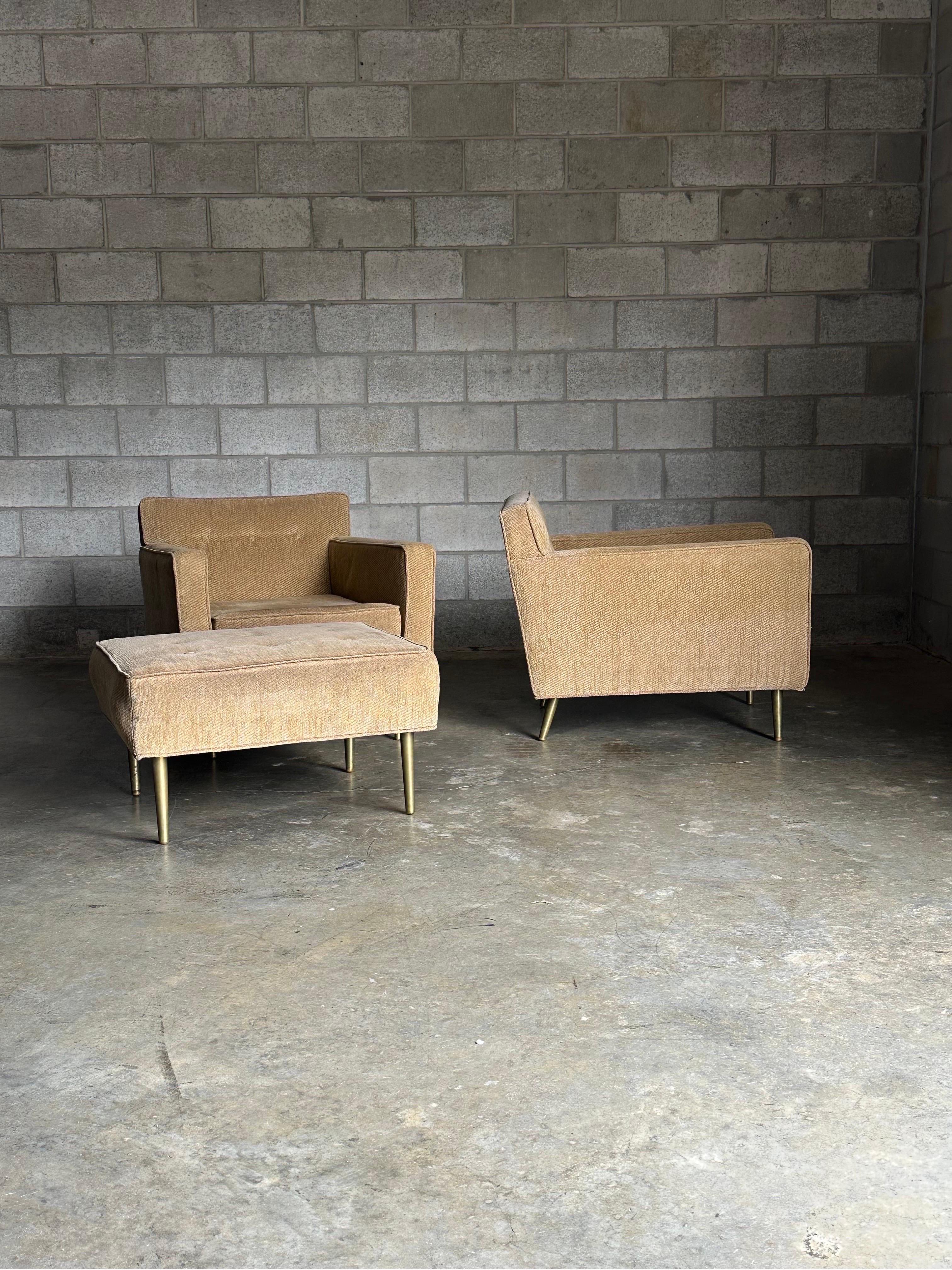 Edward Wormley for Dunbar Brass Leg Lounge Chairs and Ottoman In Good Condition For Sale In St.Petersburg, FL