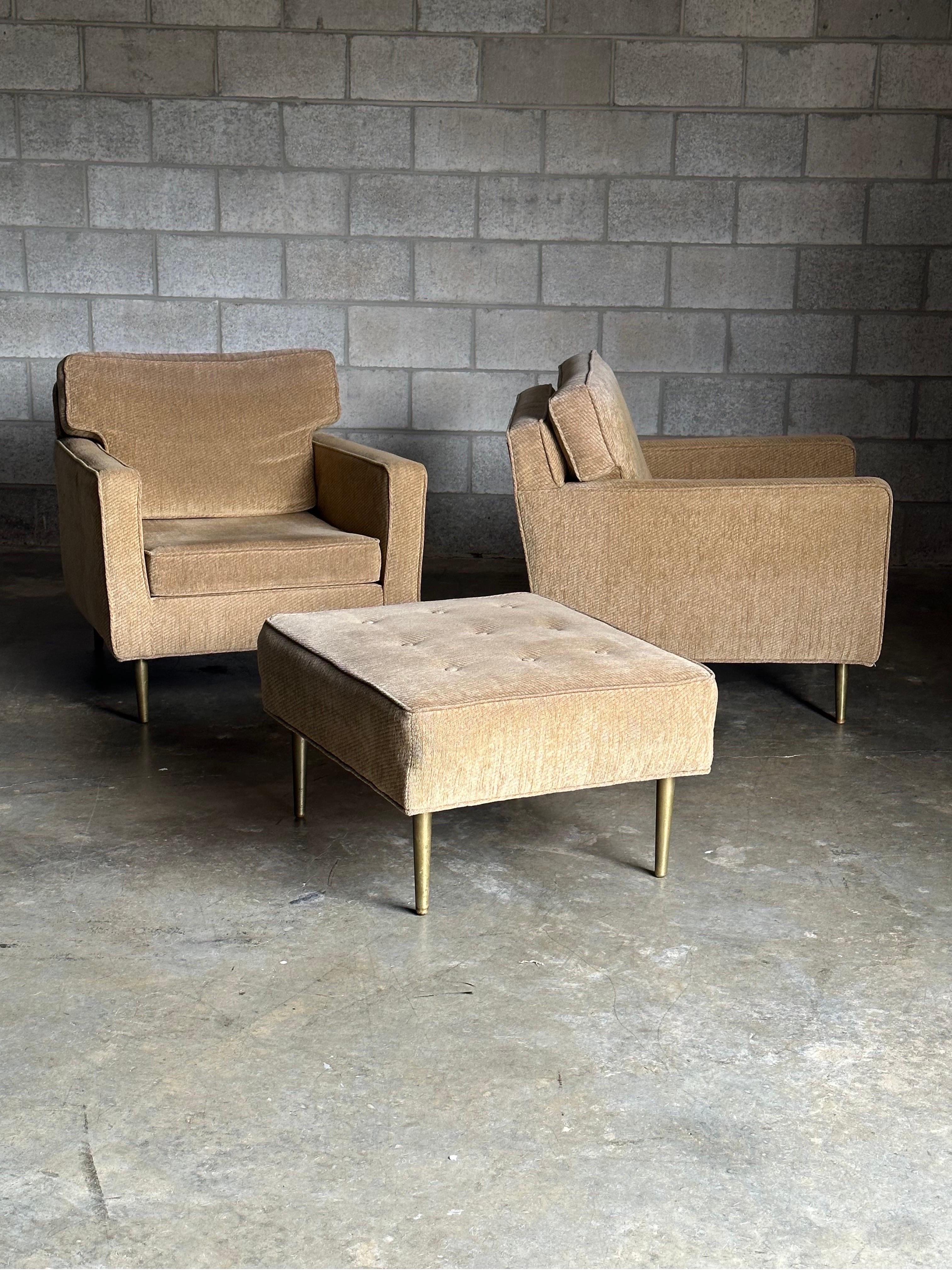 Mid-20th Century Edward Wormley for Dunbar Brass Leg Lounge Chairs and Ottoman For Sale