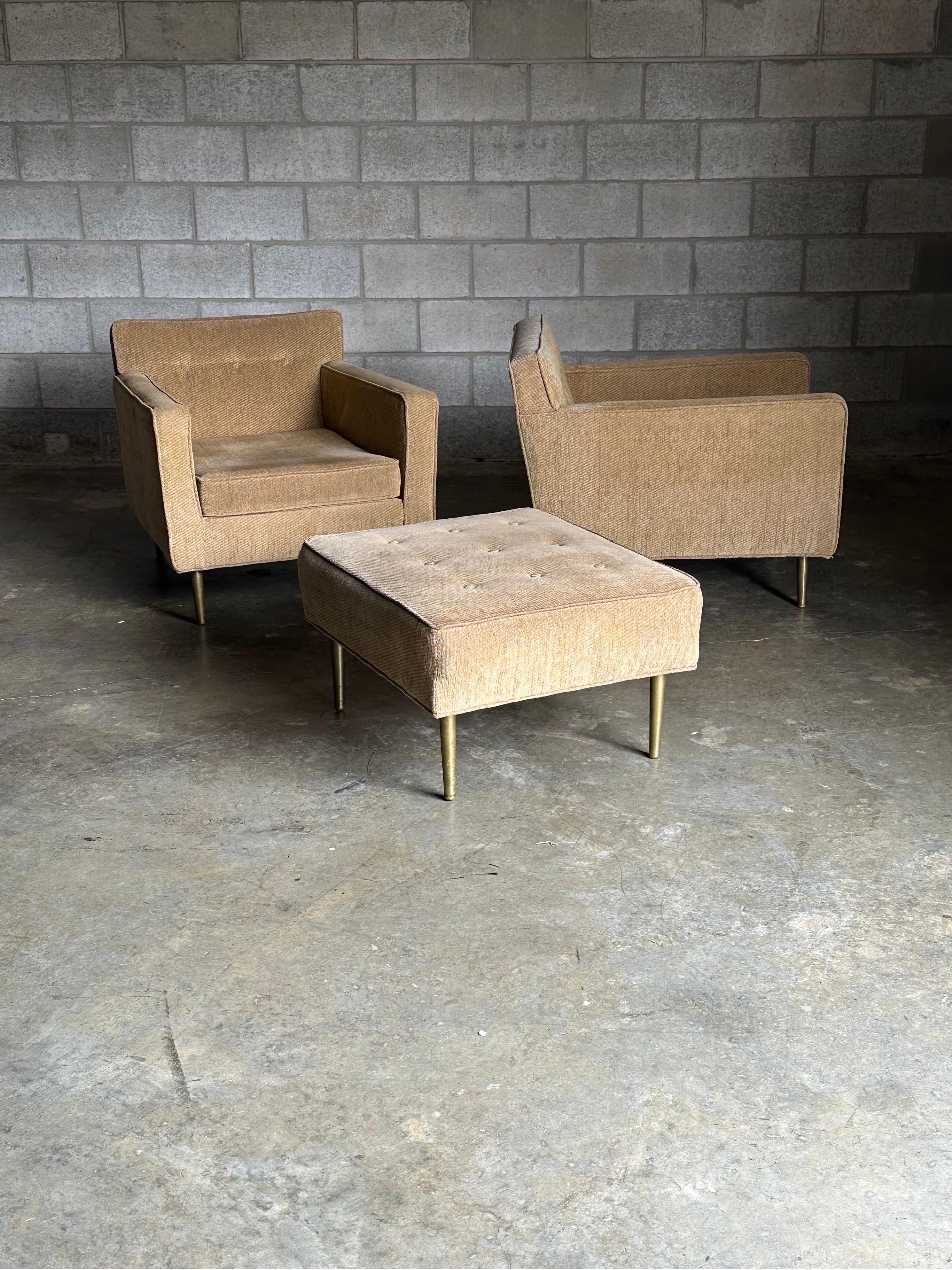 Edward Wormley for Dunbar Brass Leg Lounge Chairs and Ottoman For Sale 2