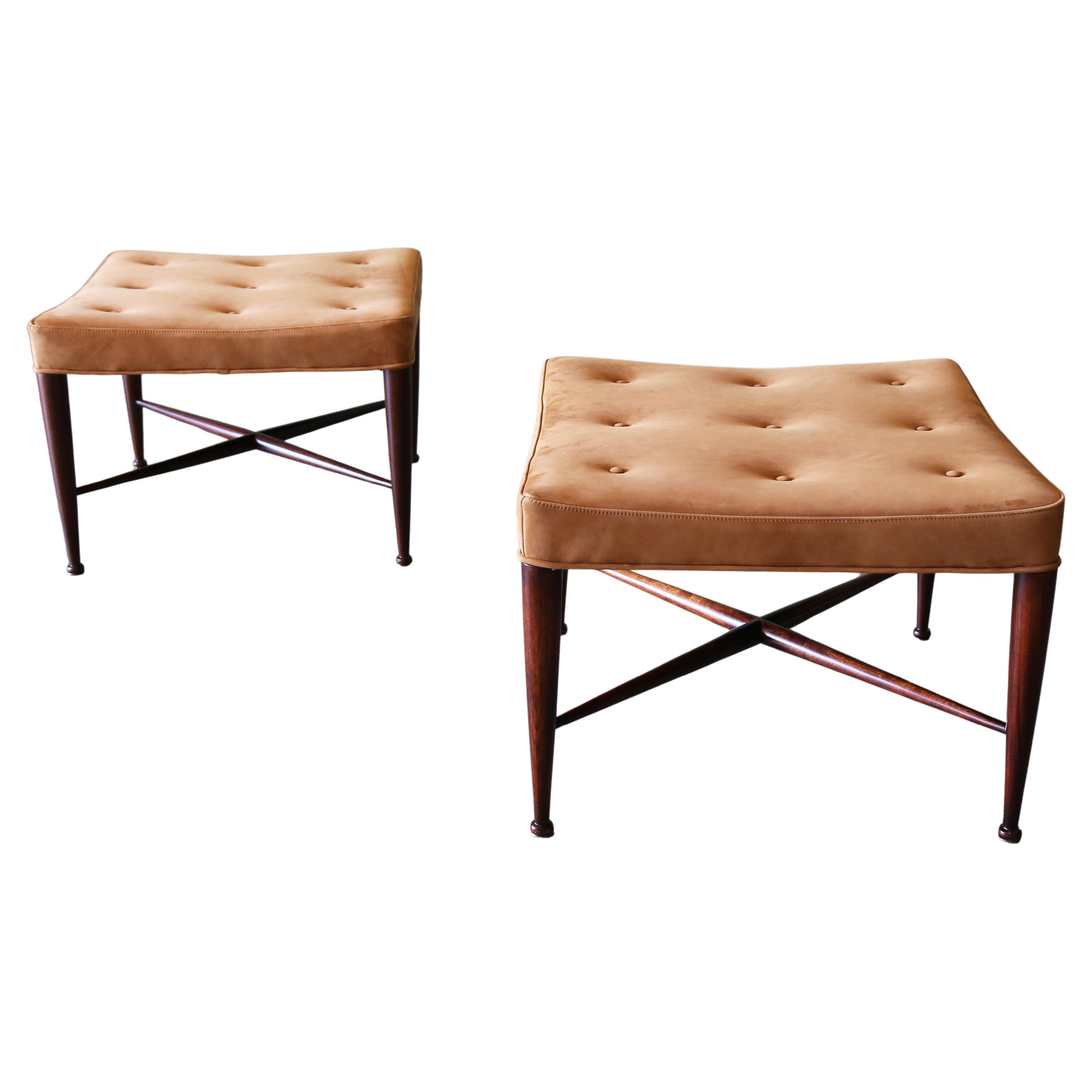 Edward Wormley for Dunbar Brown Leather Thebes Stools, 1950s - A Pair en venta