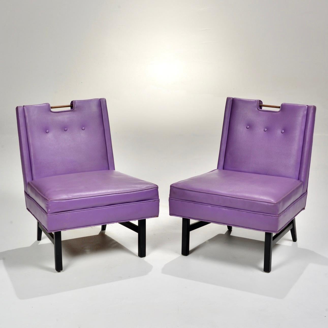 These Edward Wormley for Dunbar chairs are in great condition, with original leather and brass handles. Upholstery options are available. We have 2 of these chairs in purple, and 4 of these chairs in black, for a total of 6.




   