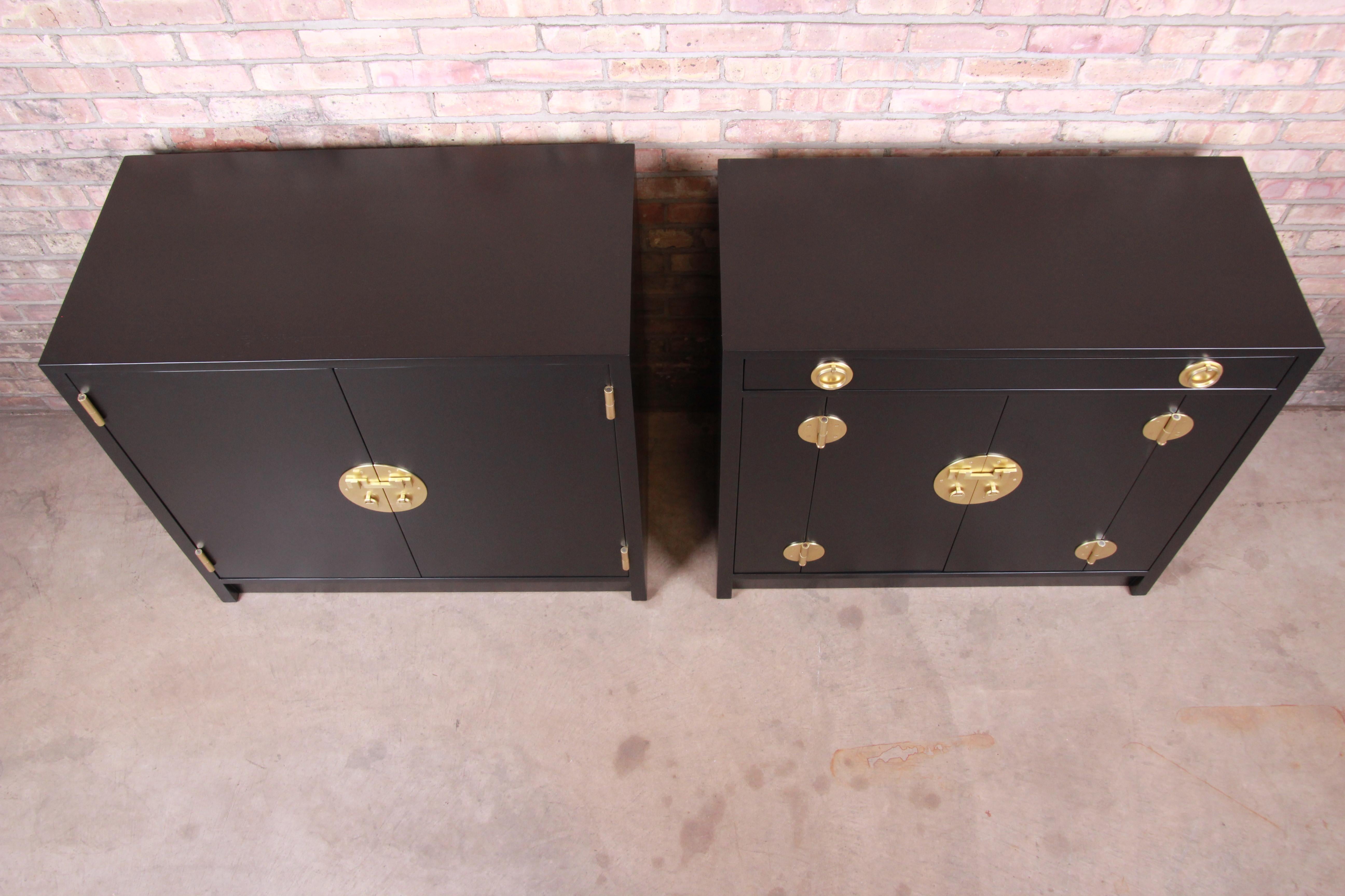 Edward Wormley for Dunbar Chinoiserie Ebonized Bar Cabinets, Pair In Good Condition In South Bend, IN