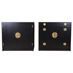 Edward Wormley for Dunbar Chinoiserie Ebonized Bar Cabinets, Pair