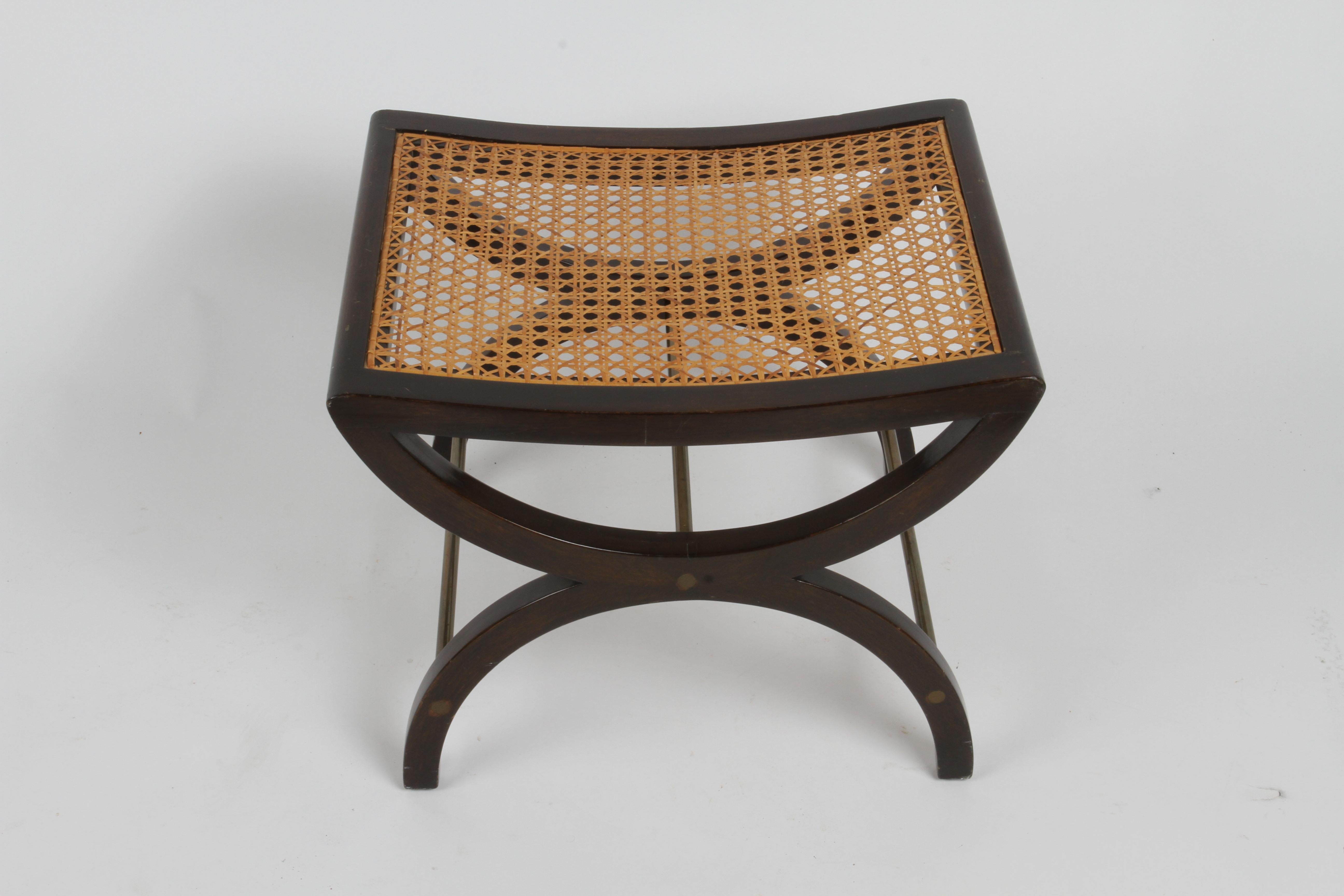 Mid-Century Modern Edward Wormley for Dunbar Classic Modern Mahogany, Brass and Cane Bench or Stool For Sale