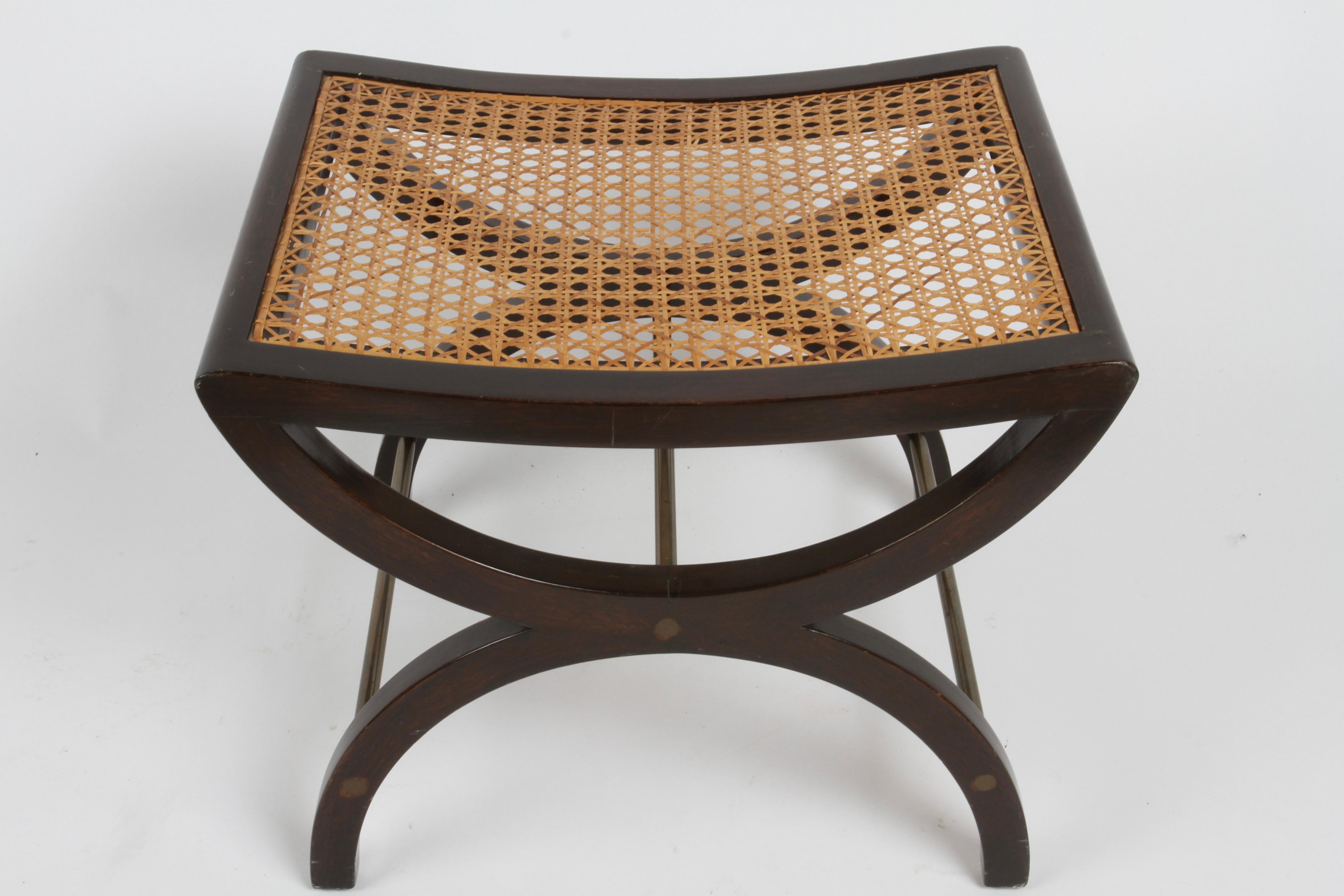 American Edward Wormley for Dunbar Classic Modern Mahogany, Brass and Cane Bench or Stool For Sale
