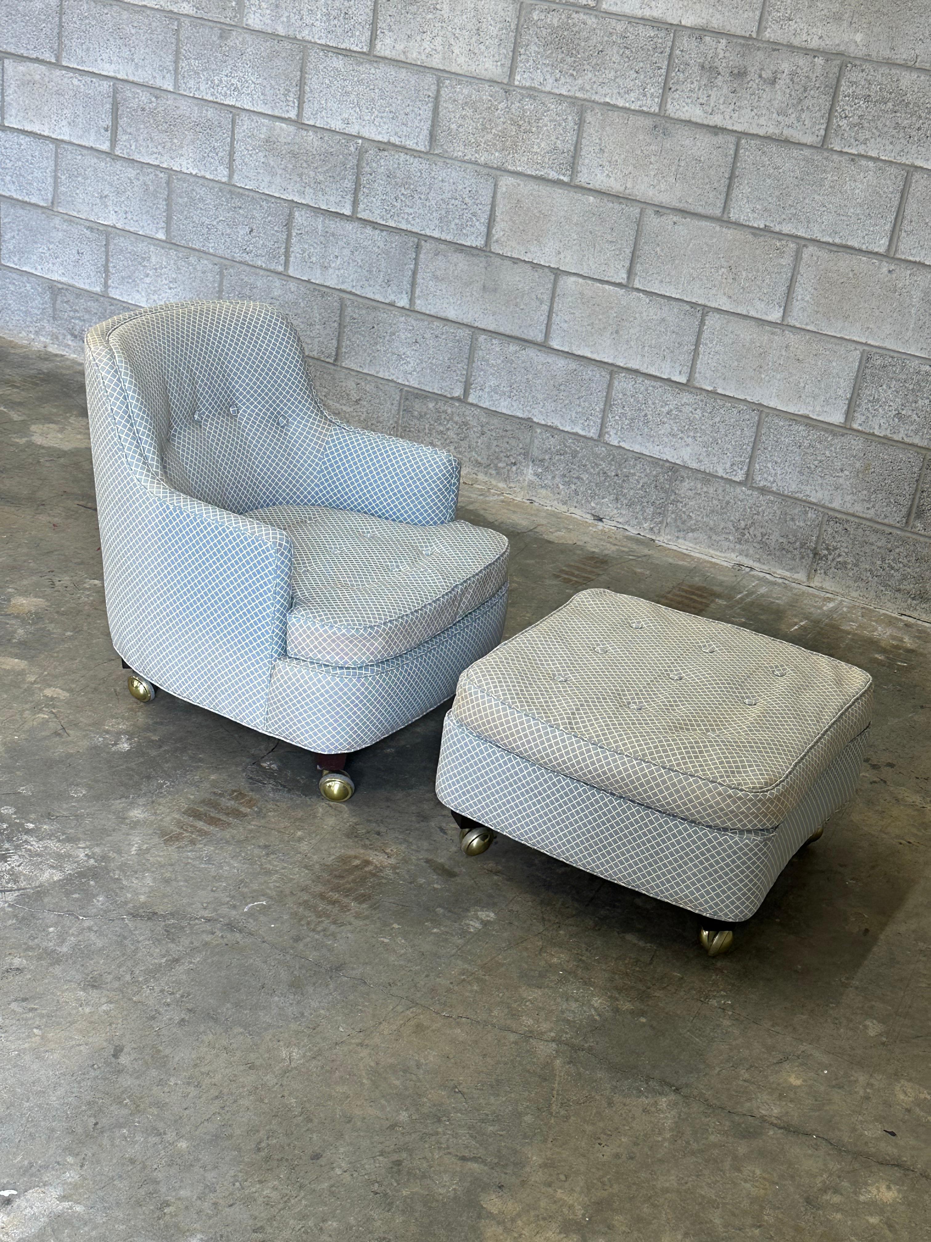 Wonderful smaller scale chair designed by Edward Wormley for Dunbar Furniture. Nice comfortable chair sitting on stubby mahogany legs with casters. Chair is quite comfortable.

Listed Dimensions are chair.
Ottoman dimensions:
25
