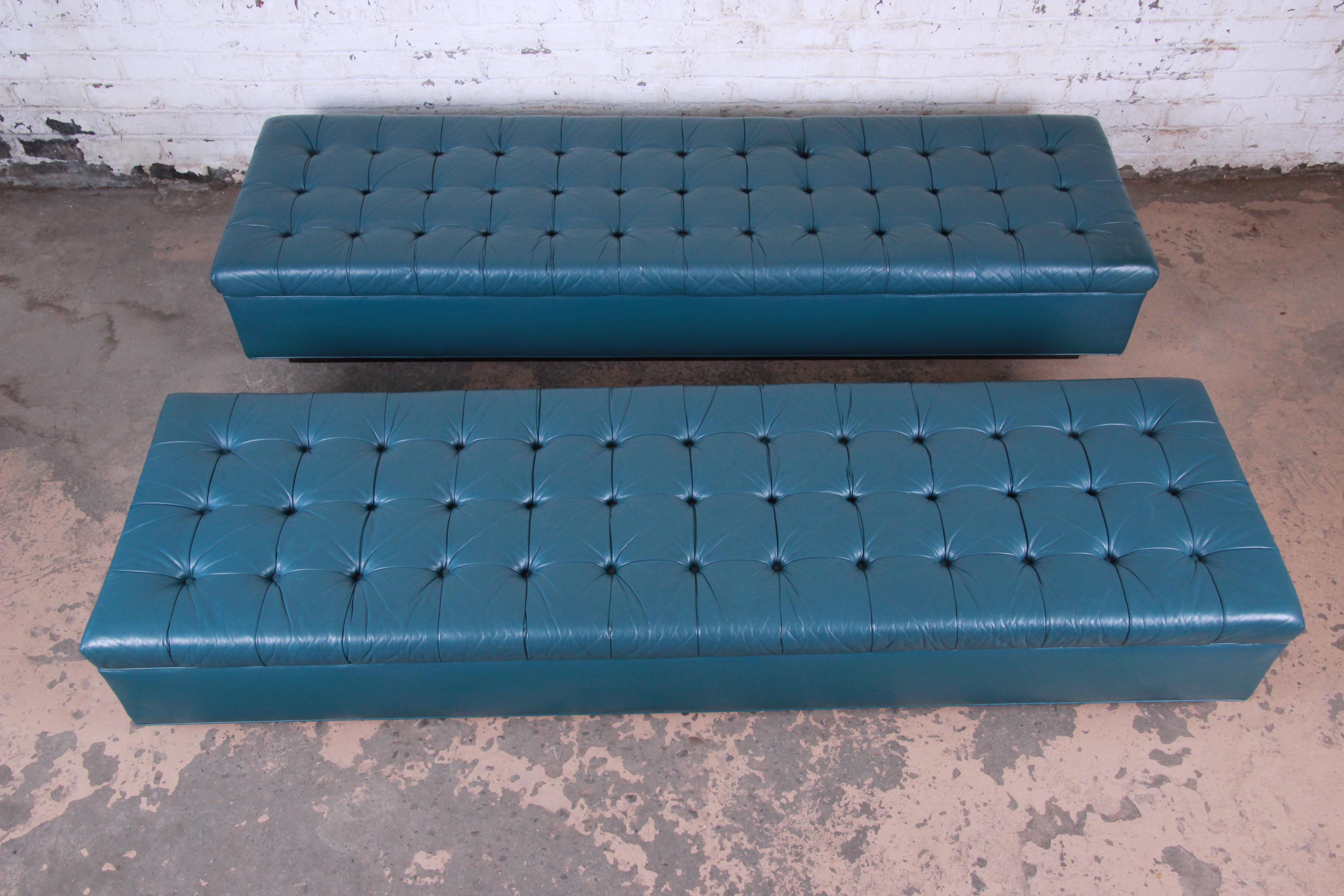 Edward Wormley for Dunbar Custom Tufted Blue Leather Long Benches, Two Available 4