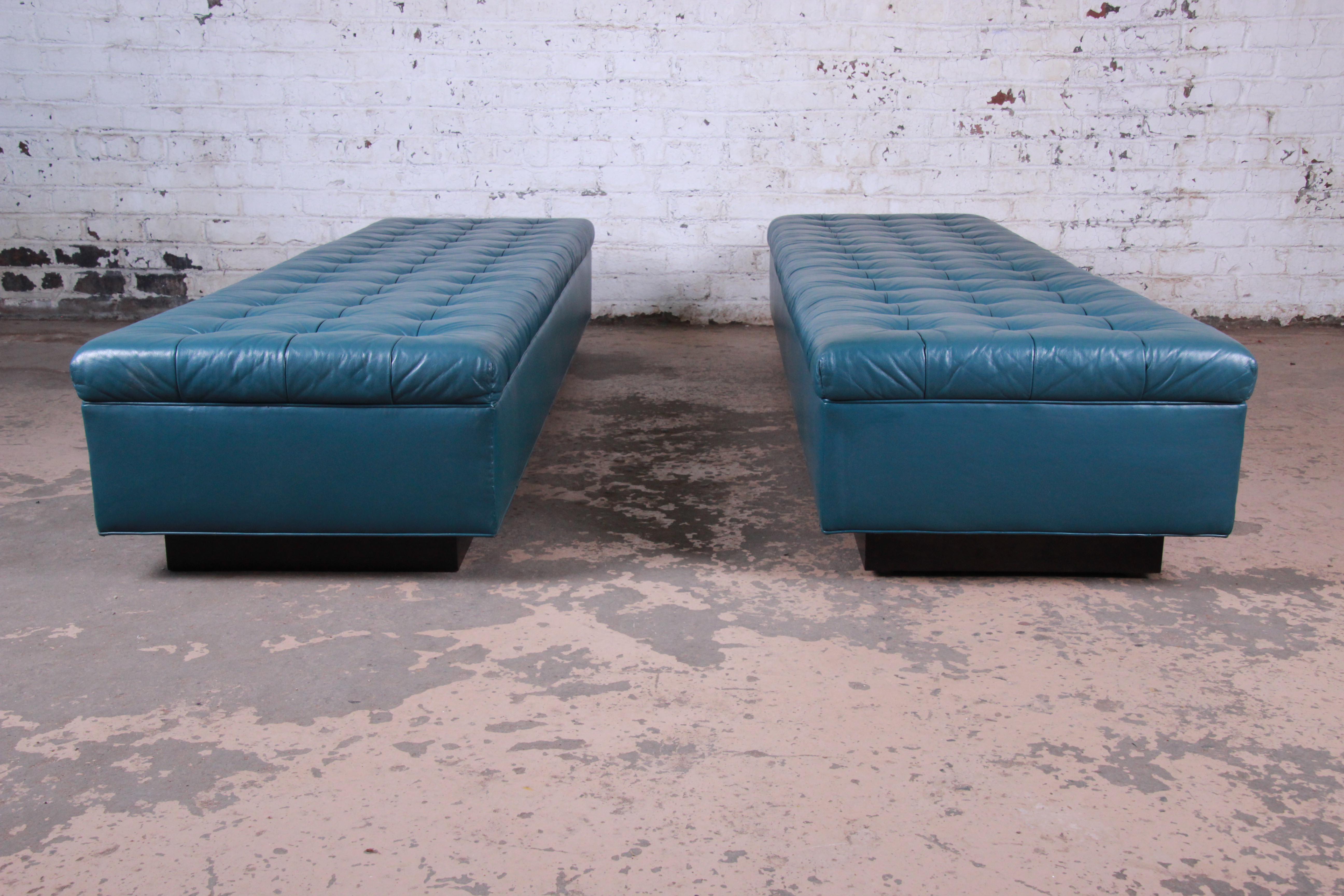 Edward Wormley for Dunbar Custom Tufted Blue Leather Long Benches, Two Available 5
